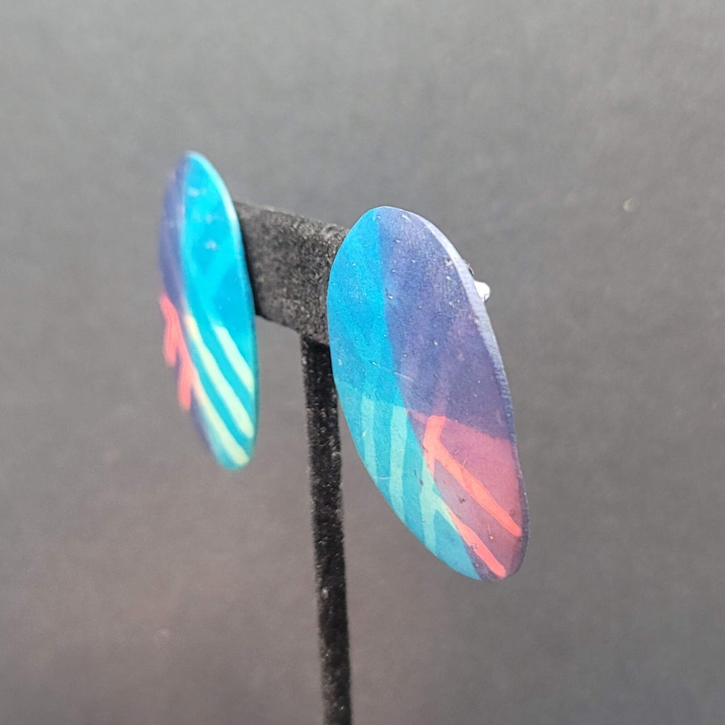 Pierced Earrings Blue Pink Purple Oval Wood Statement 1.25"