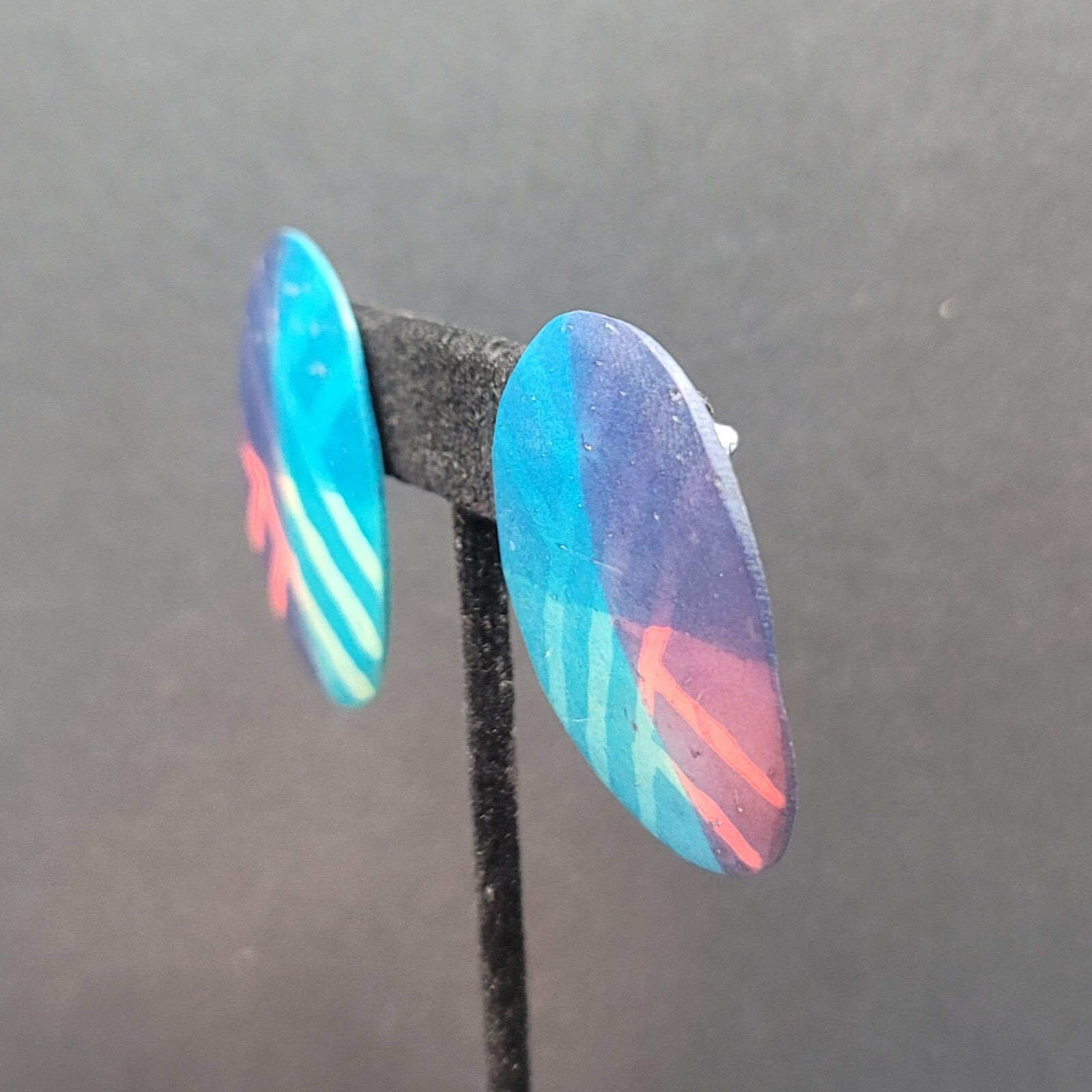 Pierced Earrings Blue Pink Purple Oval Wood Statement 1.25"