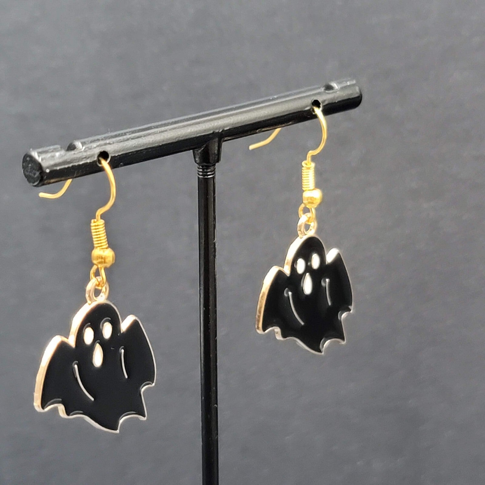 New Black Ghost Halloween Pierced Earrings Gold tone Enamel Dangle 1"