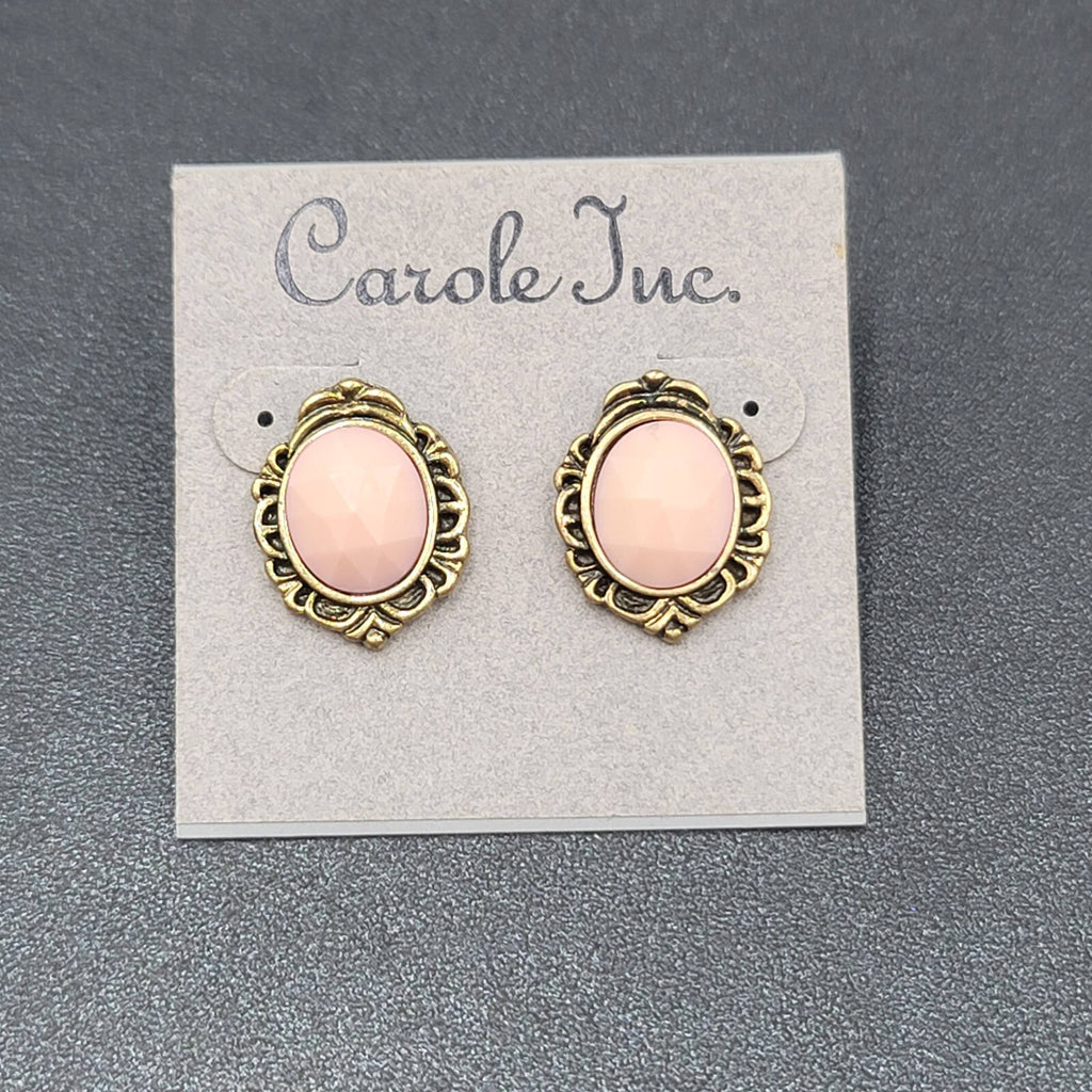 VintageCarol Inc  Pierced Earrings Gold tone Pink Faceted Oval Drop 3/4"