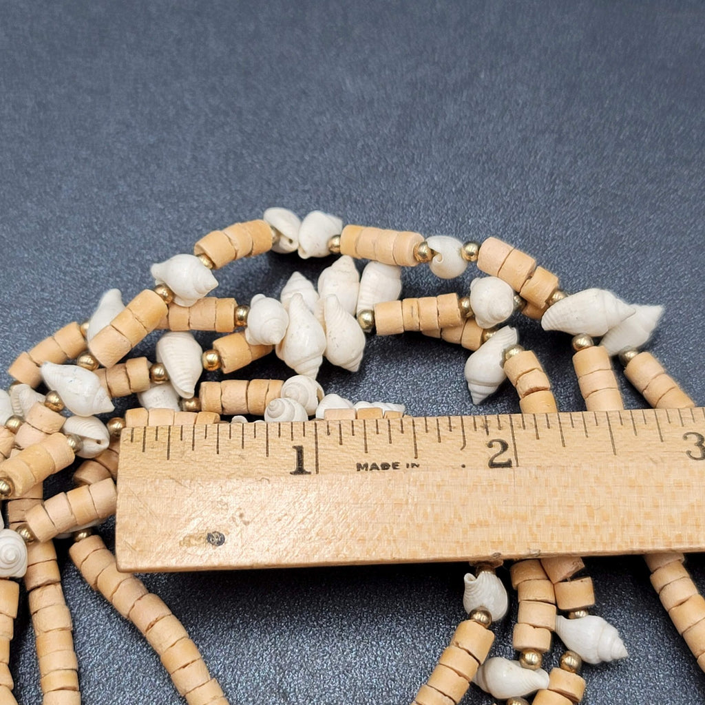 Vintage Necklace Wood Bead Shell Gold tone Boho Estate Costume Jewelry 24"