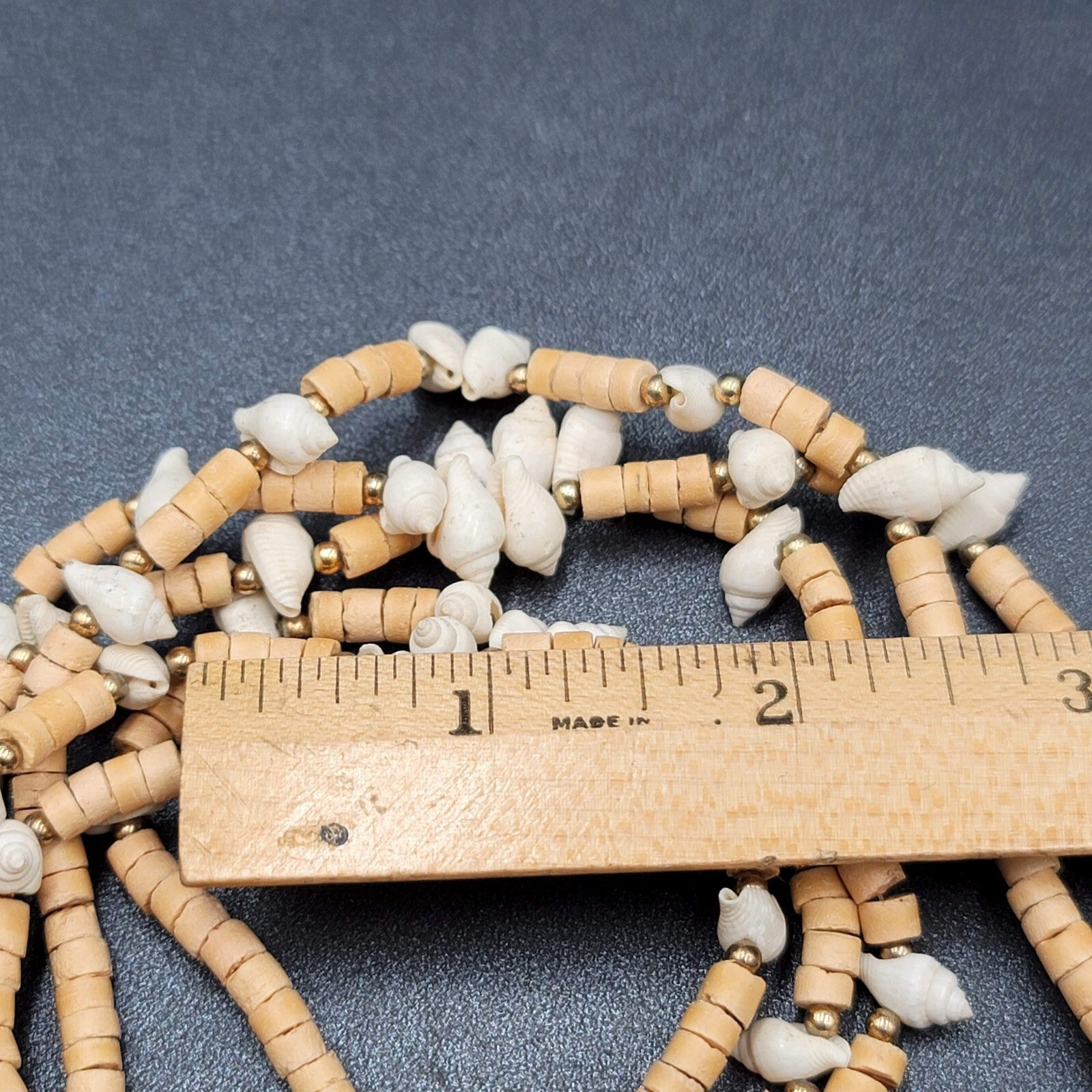 Vintage Necklace Wood Bead Shell Gold tone Boho Estate Costume Jewelry 24"