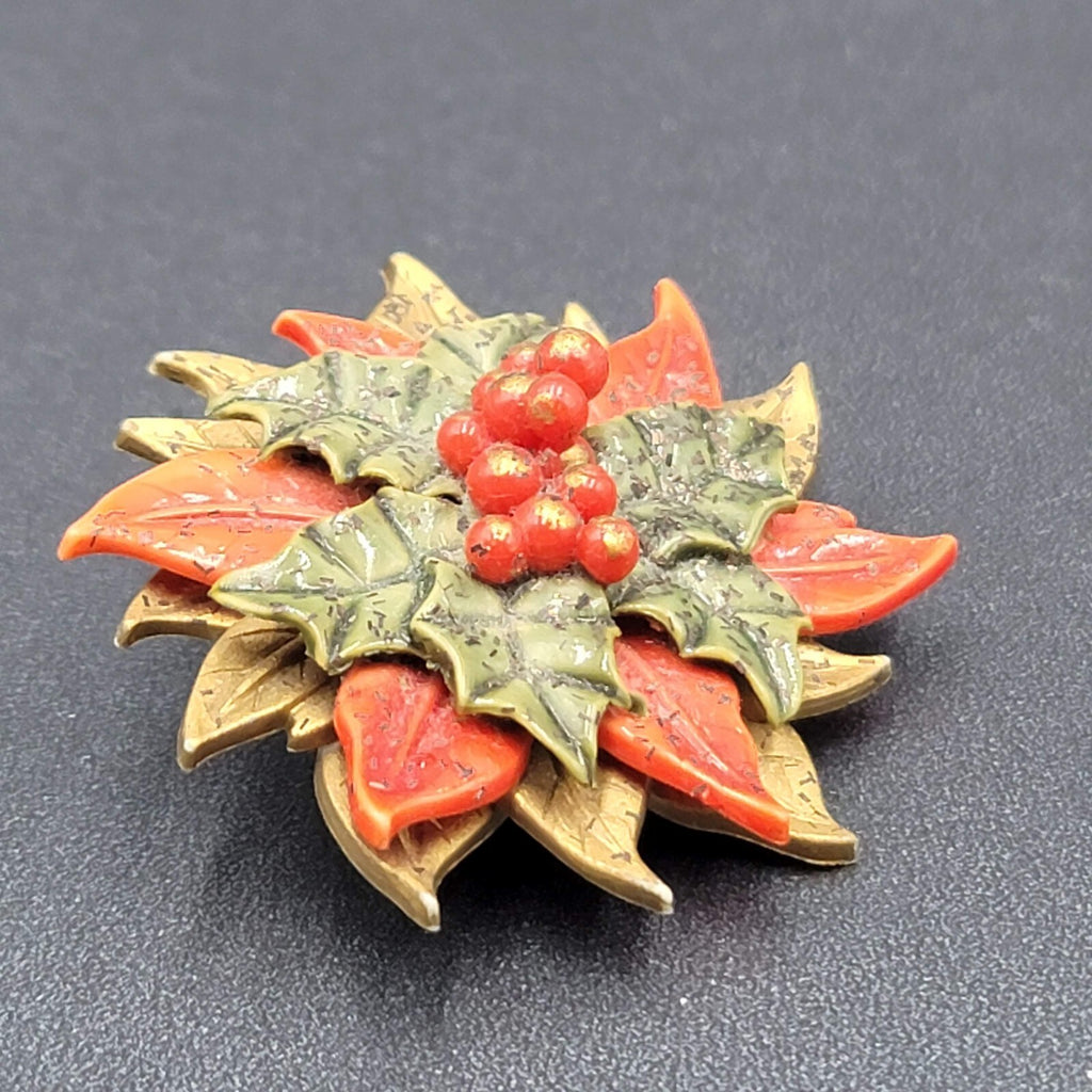 Vintage Clip on Earrings Brooch Set Christmas Poinsettia Plastic Costume Jewelry