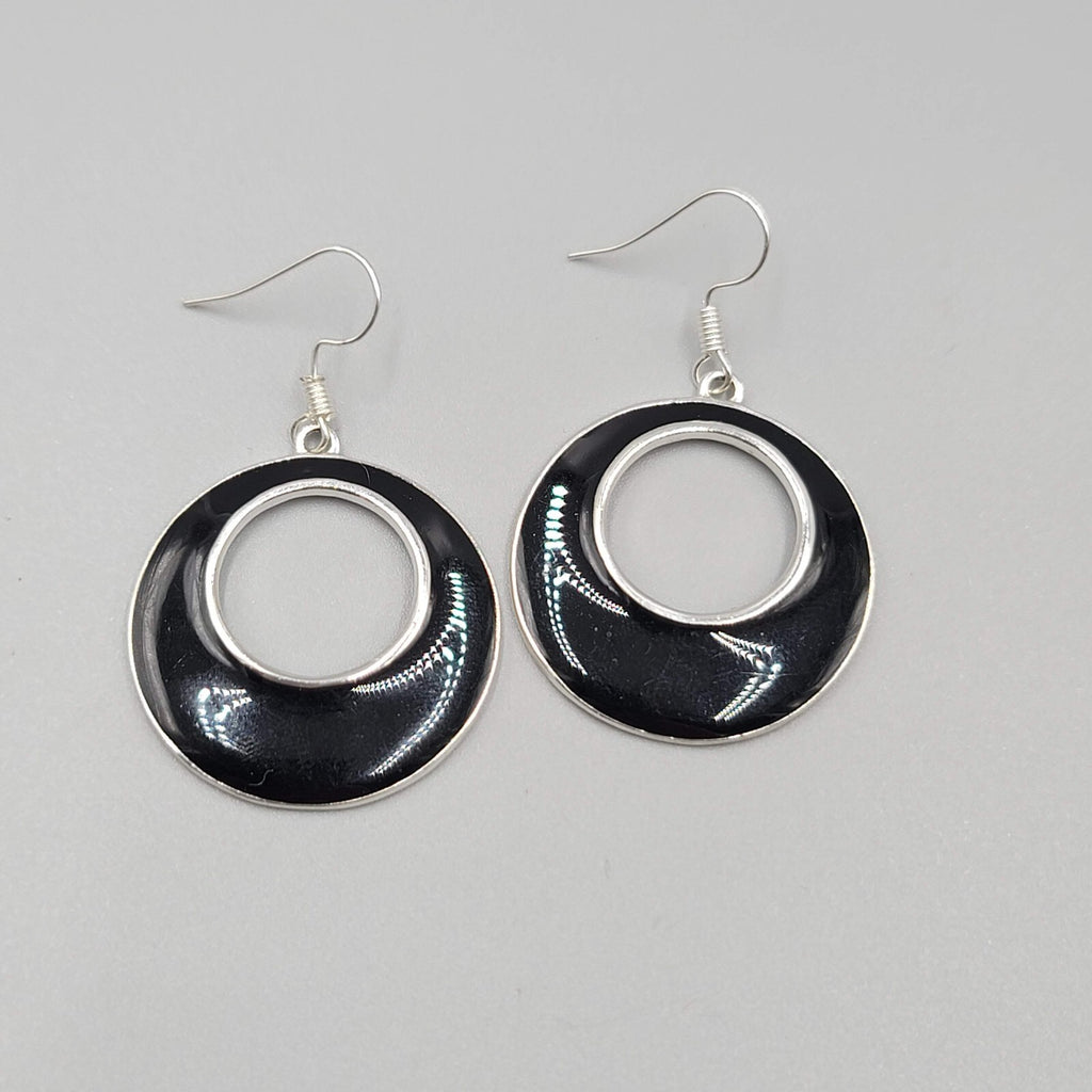Open Circle Pierced Earrings Silver tone Black Enamel Dangle 1.25"