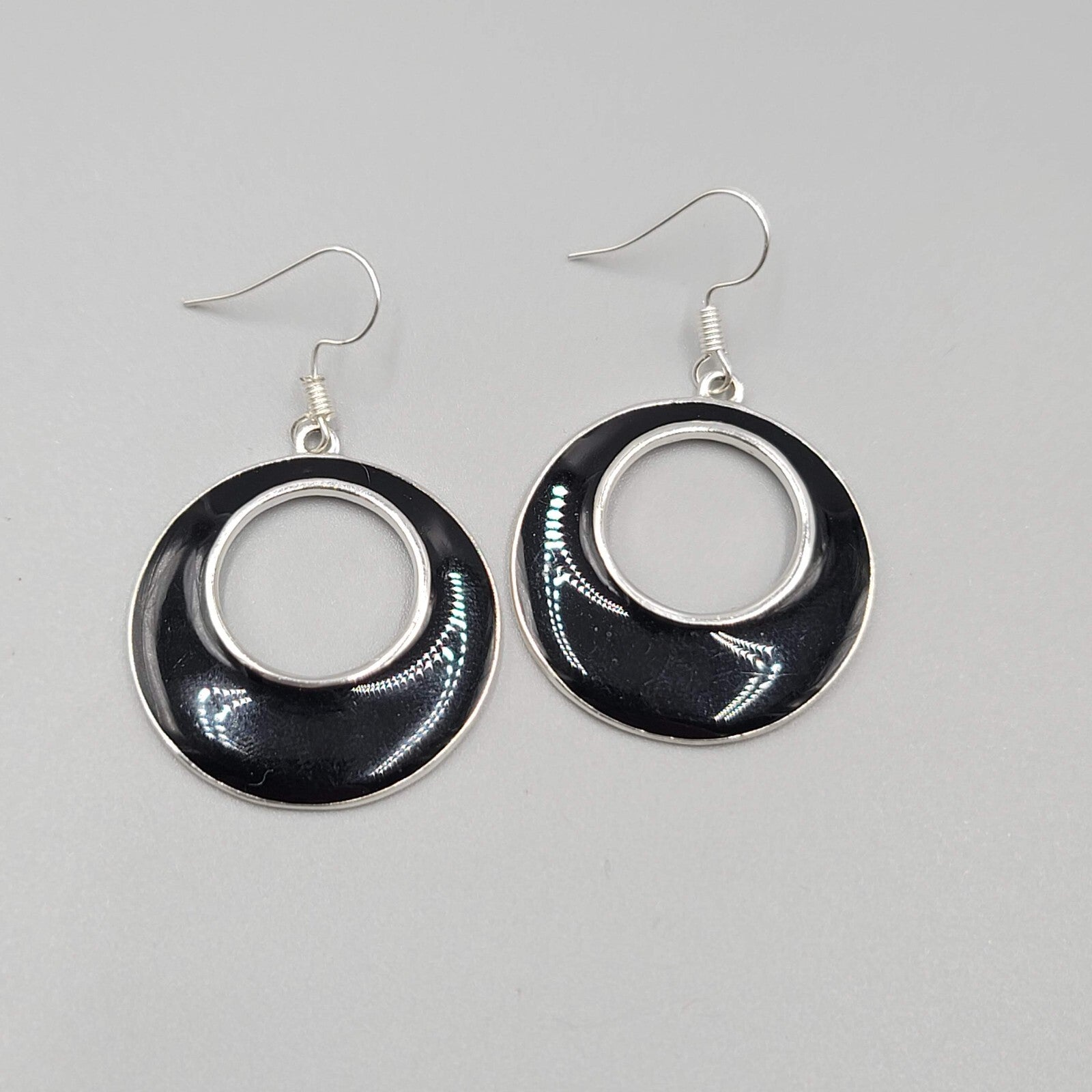Open Circle Pierced Earrings Silver tone Black Enamel Dangle 1.25"