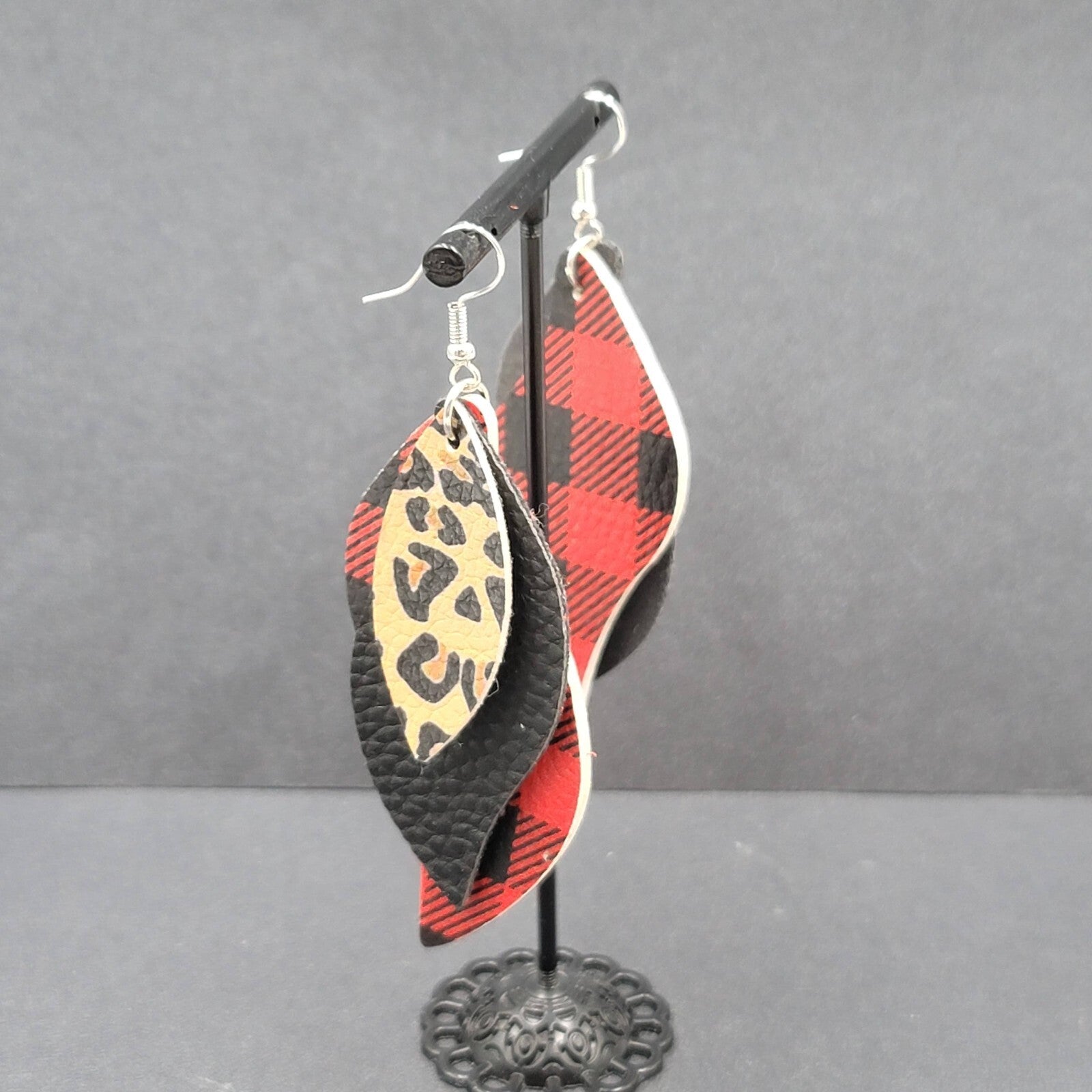 Pierced Earrings Faux Leather Leopard Print Red Plaid Silver tone Dangle 3"