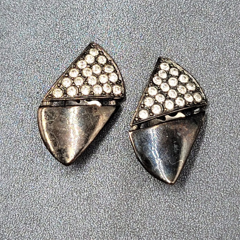Vintage Clip on Earrings Black Metal Clear Rhinestones 1.5"
