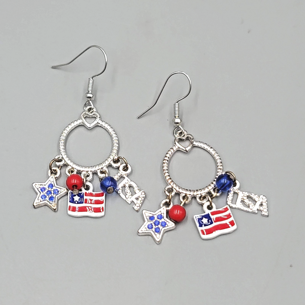 Patriotic Pierced Earrings Silver tone Dangle  USA Flag Enamel 1.25"