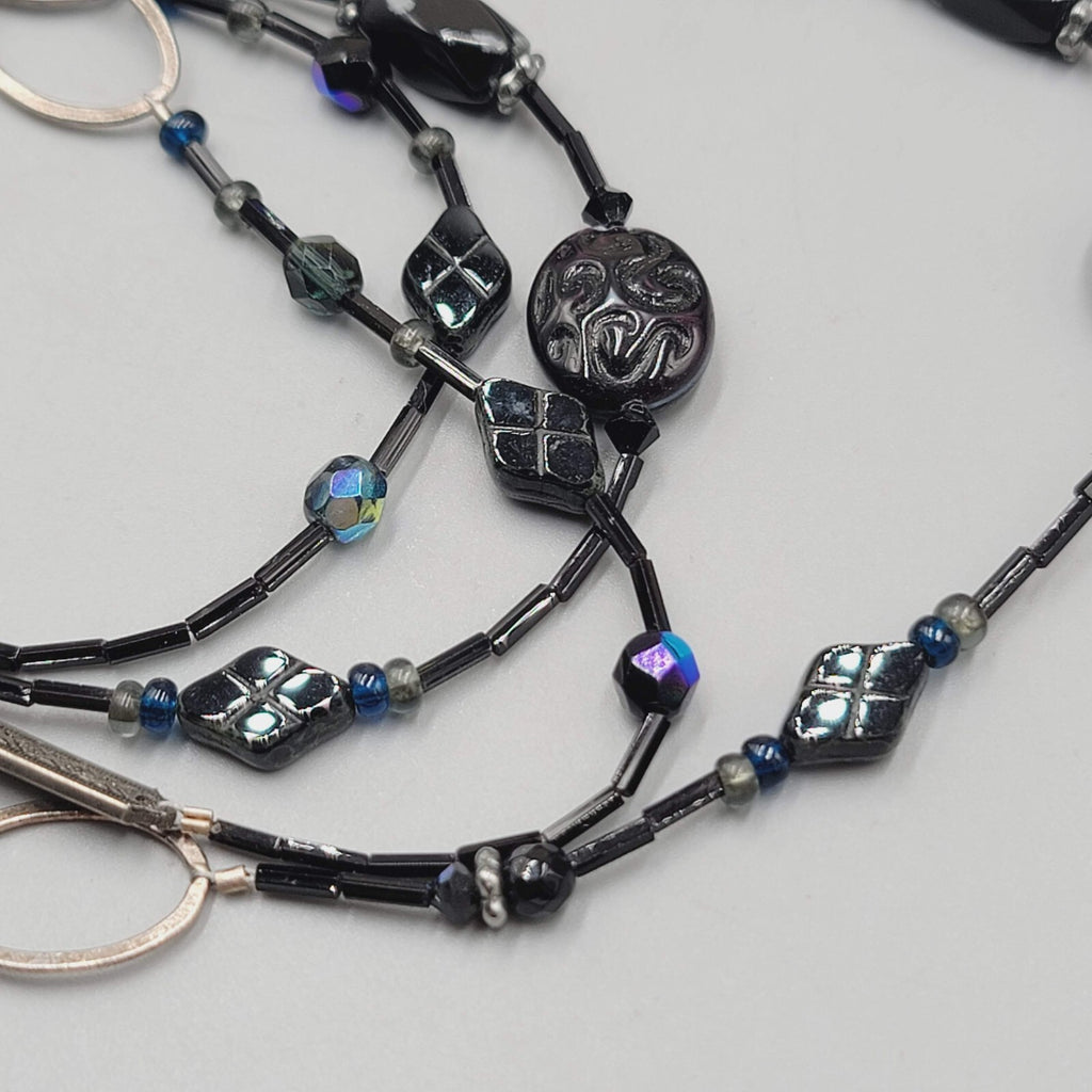 Black Glass Bead Necklace Silver tone LONG Hook Clasp 48"