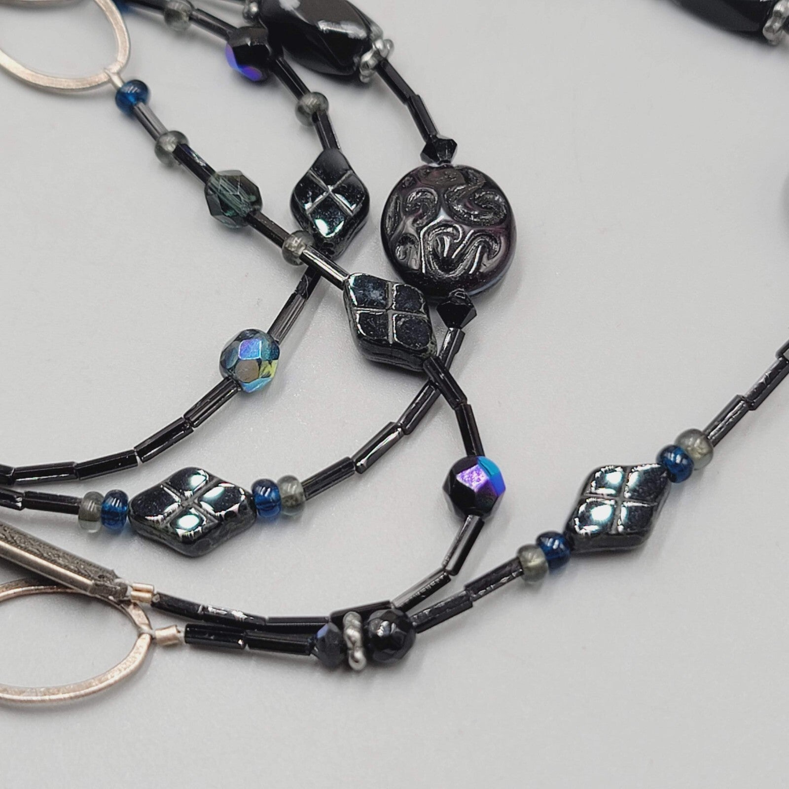 Black Glass Bead Necklace Silver tone LONG Hook Clasp 48"