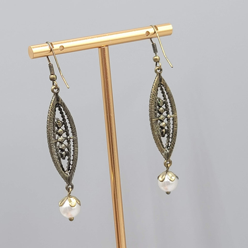 Faux Pearl Rhinestone Long Pierced Earrings Bronze tone Dangle 2 in