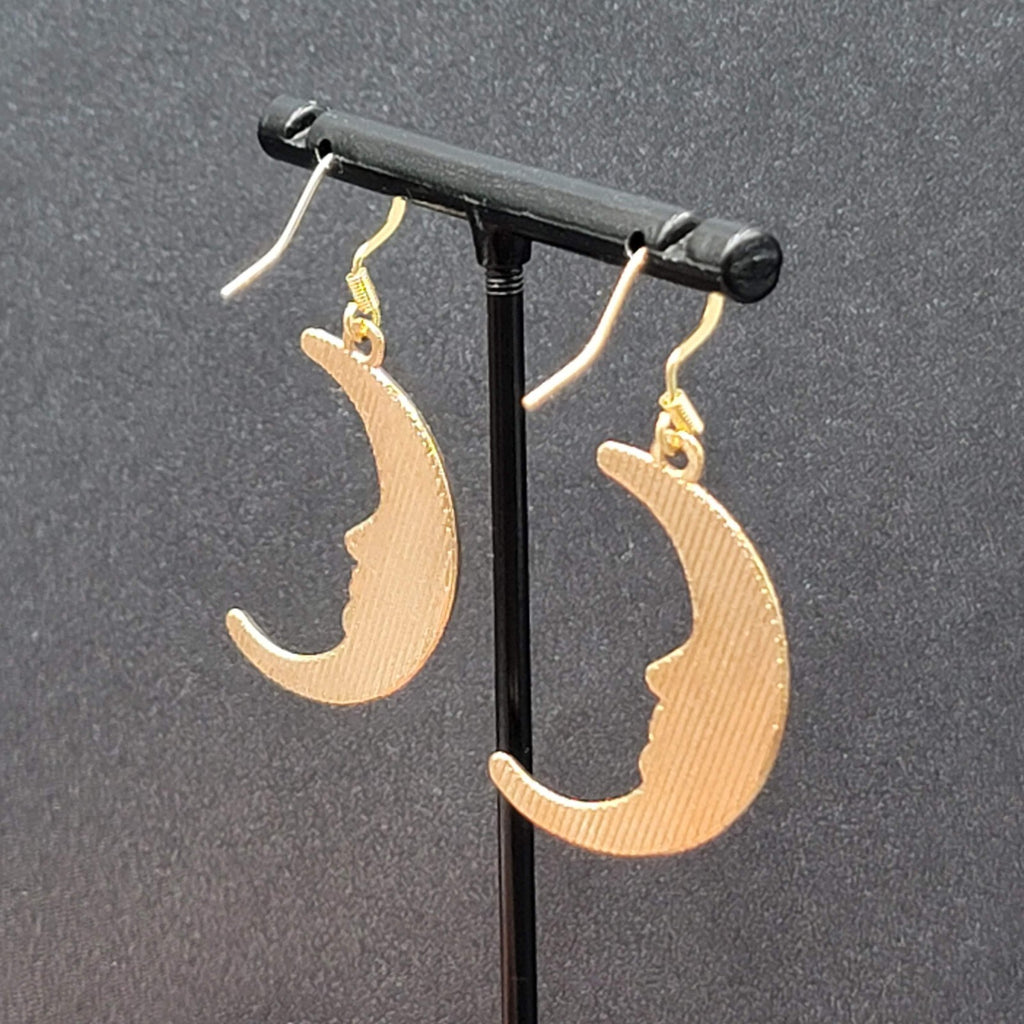 New Moon Pierced Earrings Gold tone Purple Enamel Dangle 1.25"