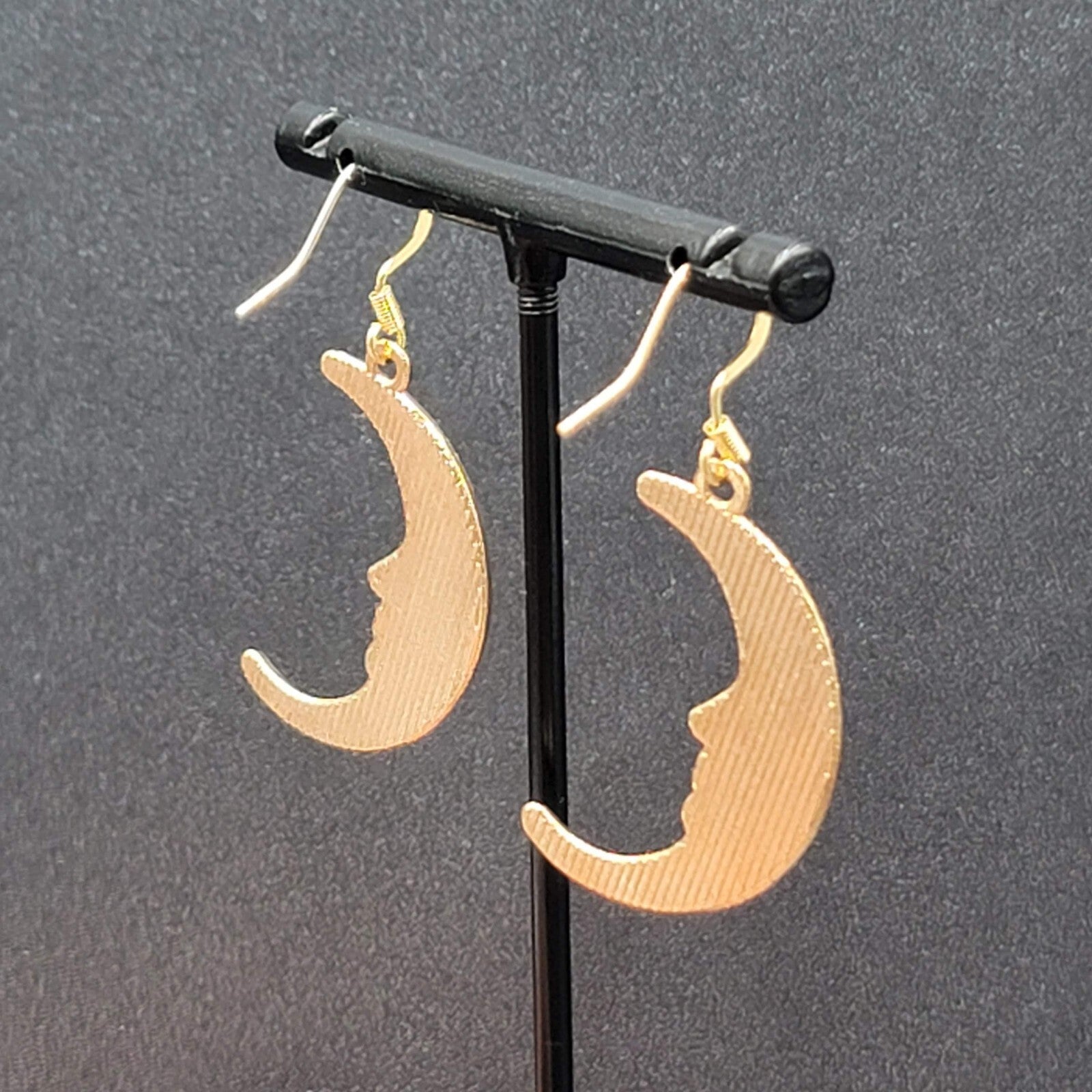 New Moon Pierced Earrings Gold tone Purple Enamel Dangle 1.25"