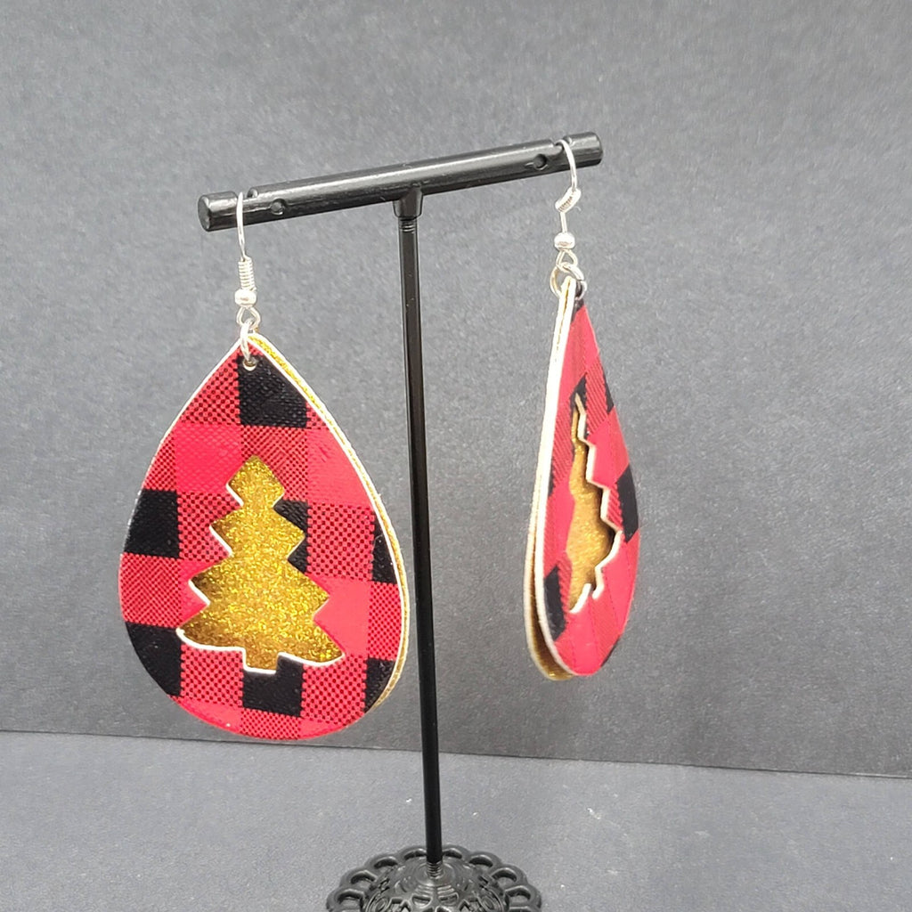 Pierced Earrings Faux Leather Gold Glitter Tree Red Plaid Silvertone Dangle 2.5"
