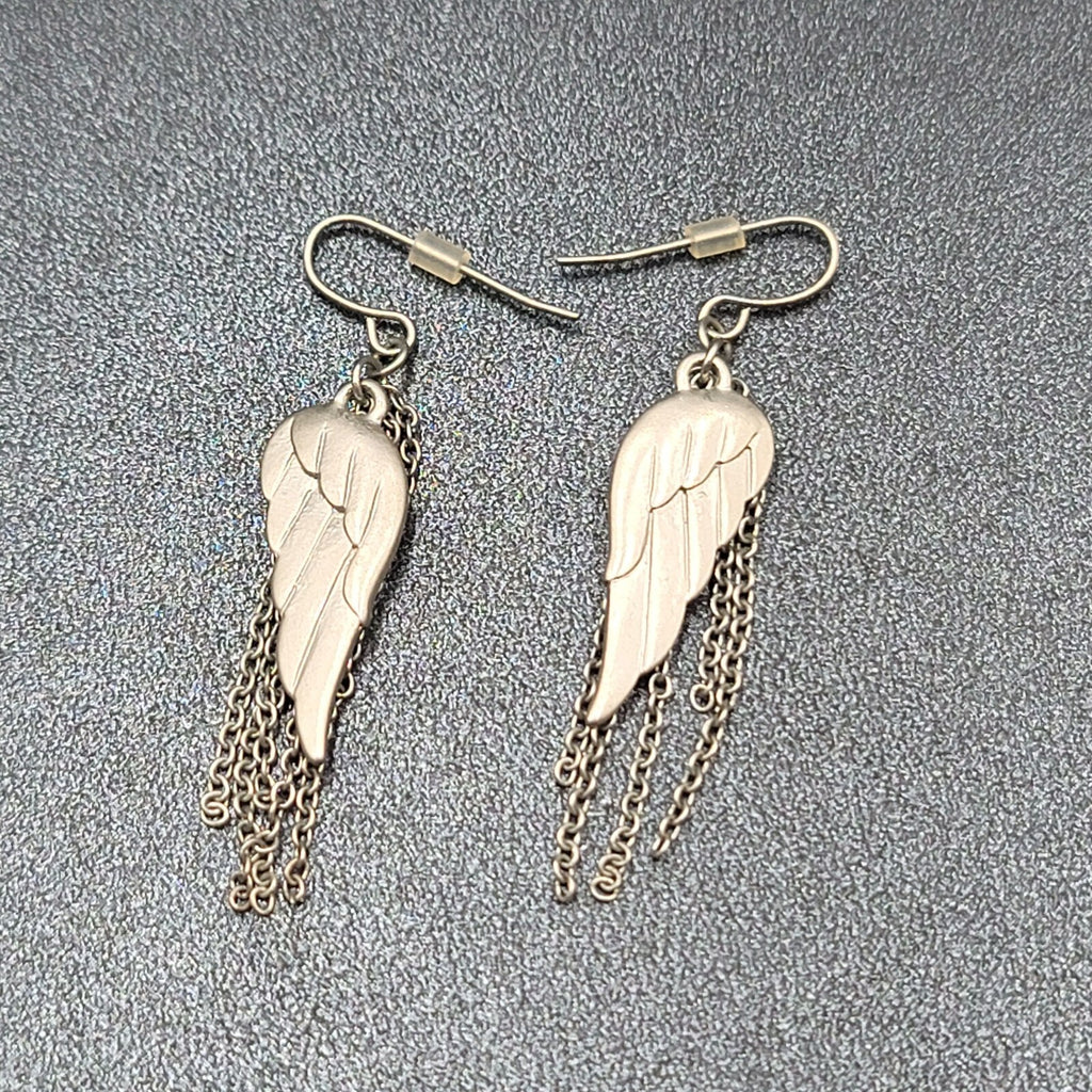 Pierced Earrings Matte Silver tone Angel Wings Dangle Chains 1.75"