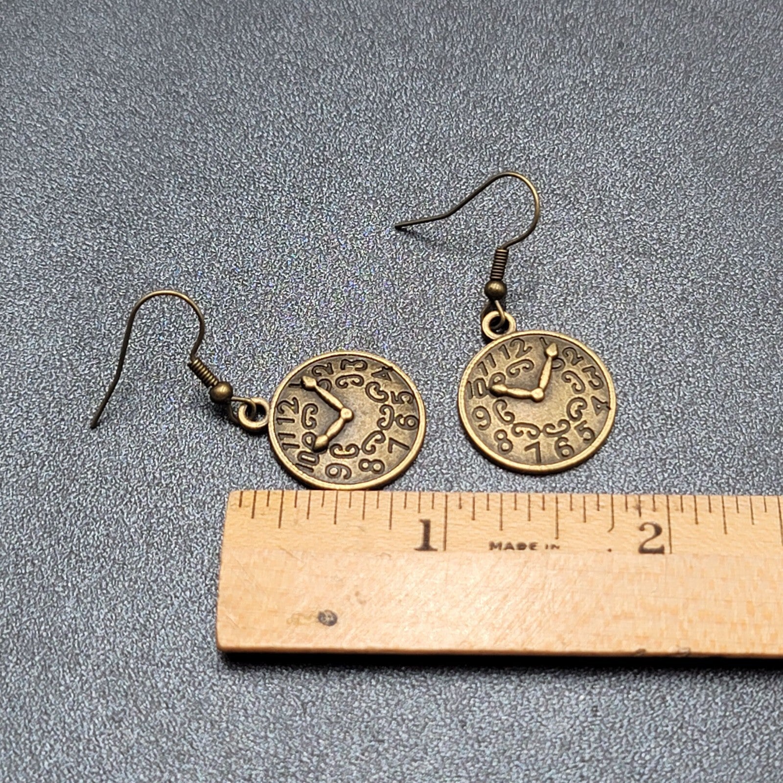 Clock Face Pierced Earrings Bronze tone Embossed Dangle 7/8"
