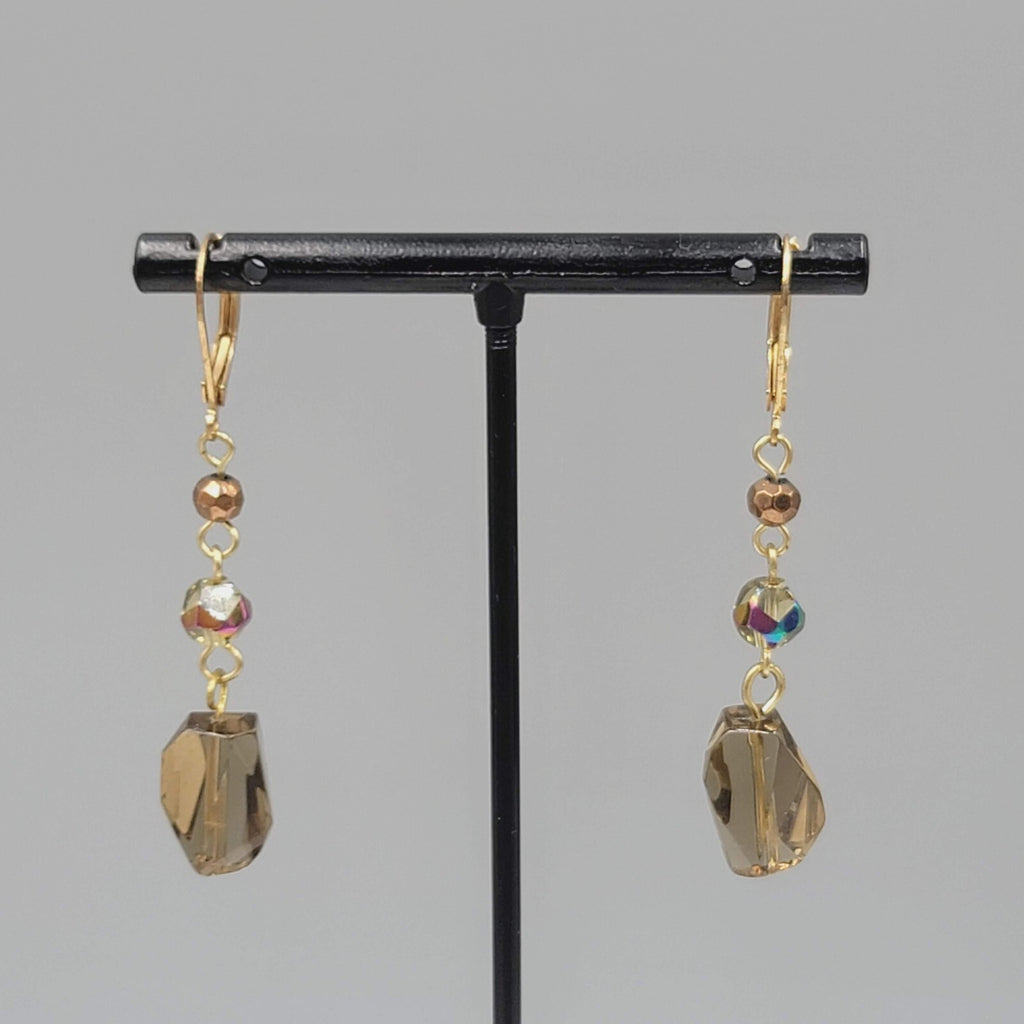 Glass AB Bead Pierced Earrings Gold tone Aurora Borealis Dangle 1.5"