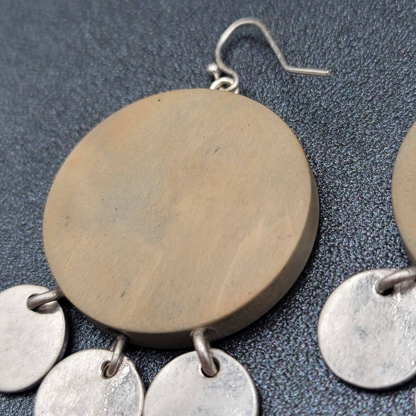 Pierced Earrings Round Wood Silver tone Discs 1.75"