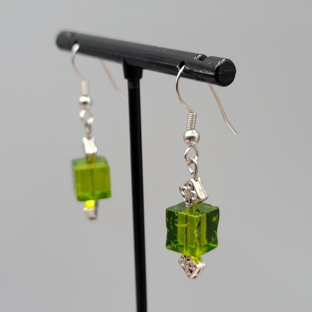 Pierced Earrings Square Green Glass Bead Silver tone Dangle 1"