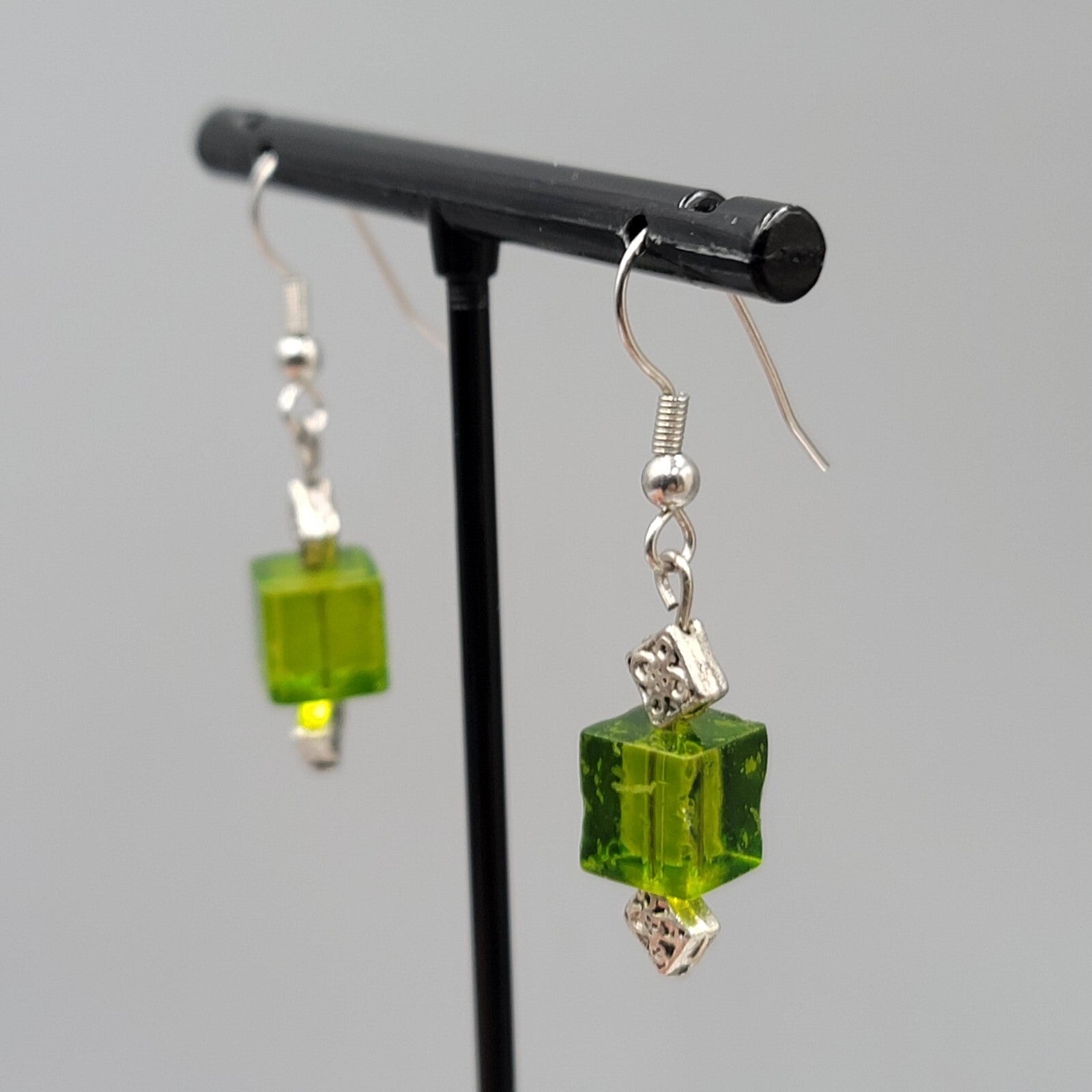 Pierced Earrings Square Green Glass Bead Silver tone Dangle 1"