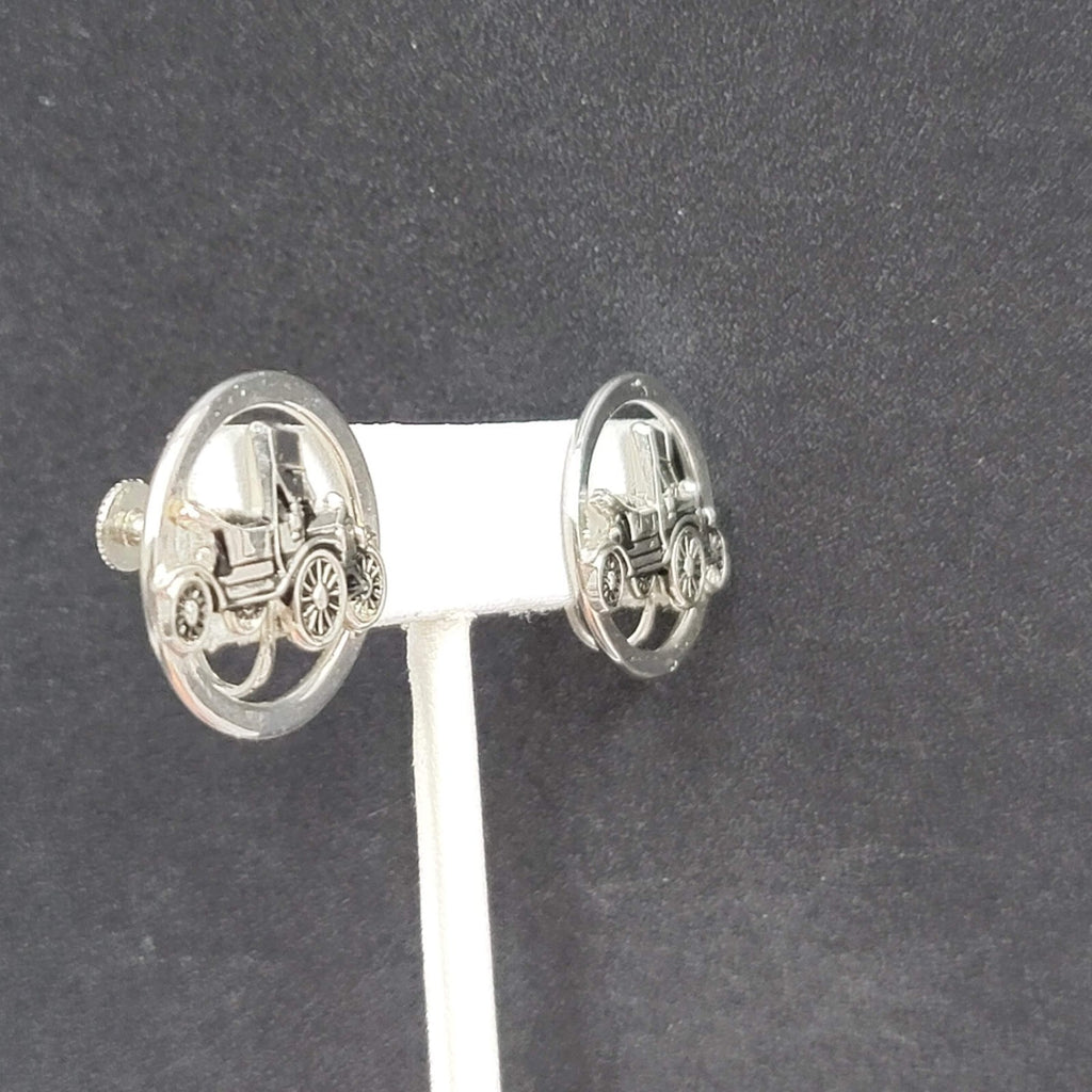 Vintage Clip on Earrings Silver tone Antique Car 3D Circle Screw Back 1"