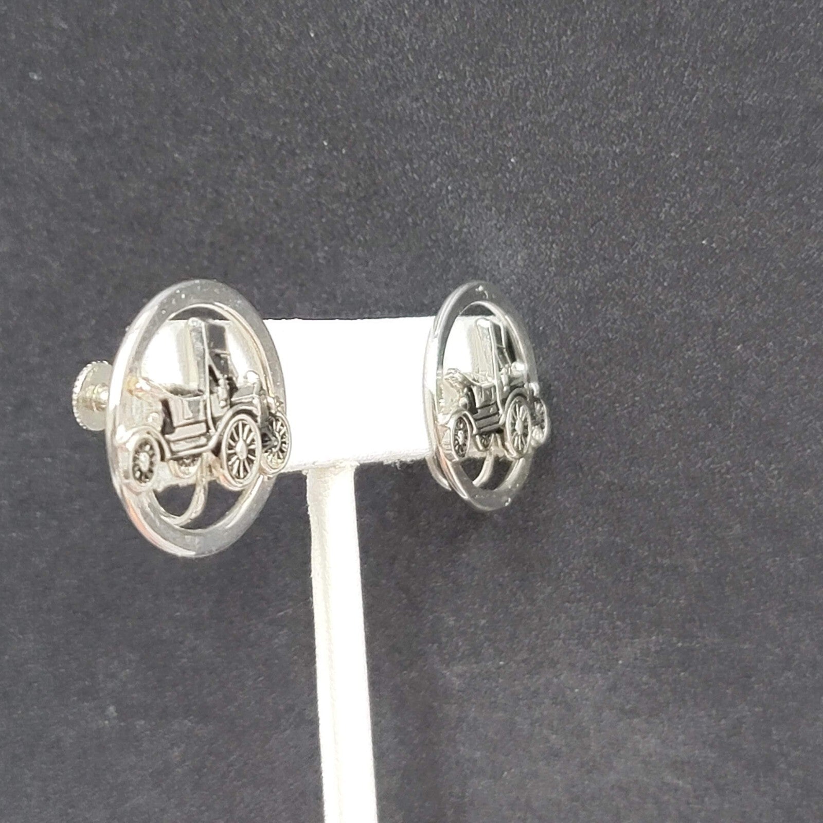 Vintage Clip on Earrings Silver tone Antique Car 3D Circle Screw Back 1"