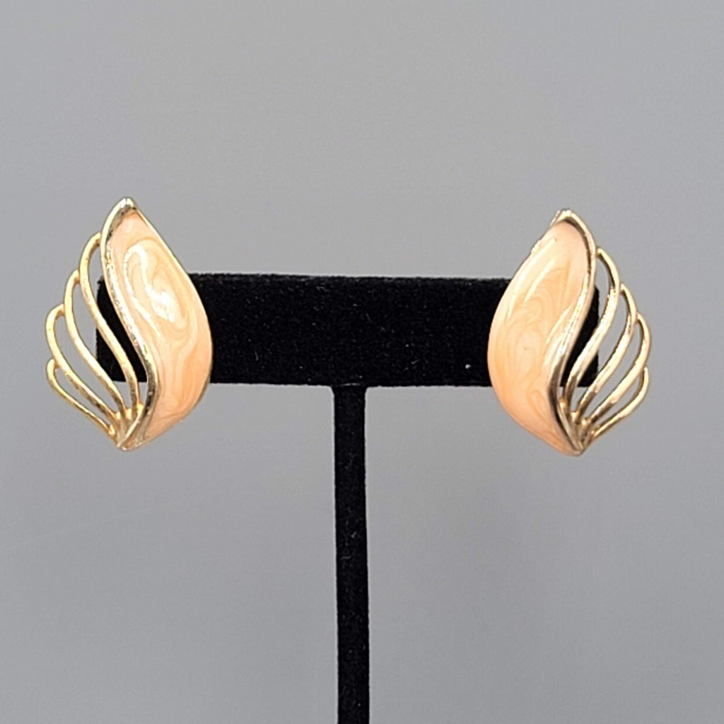Vintage Pierced Earrings Peach Enamel Gold tone Climber Fan 1.25"