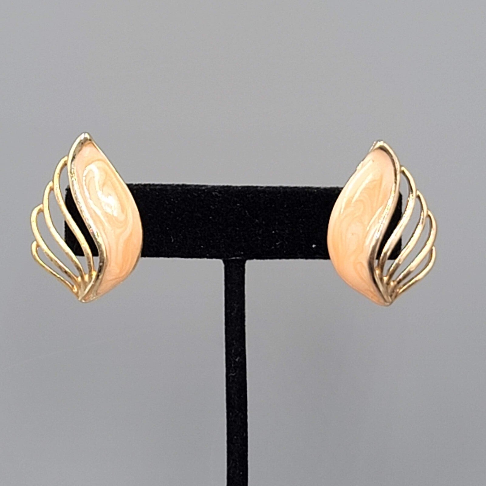 Vintage Pierced Earrings Peach Enamel Gold tone Climber Fan 1.25"