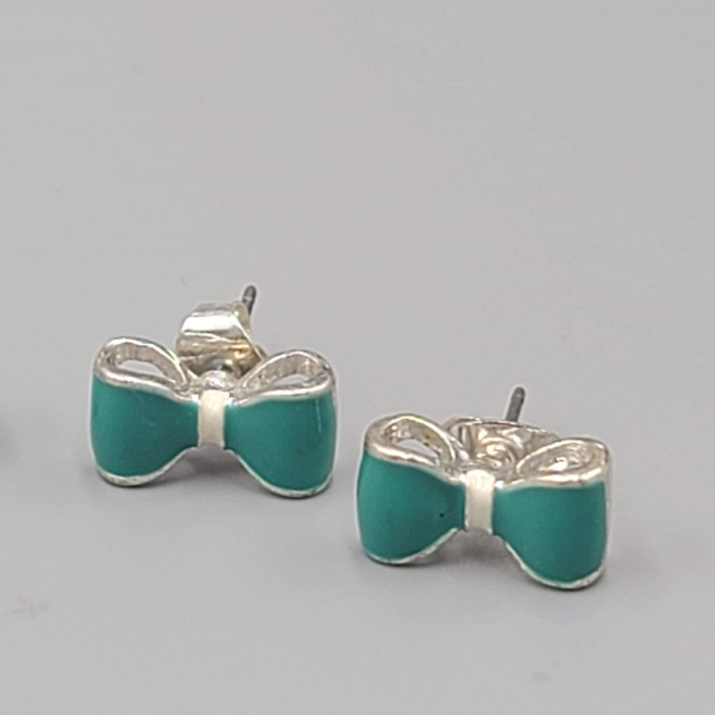 Bow Studs Pierced Earrings Blue Enamel Silver tone Lot of 2