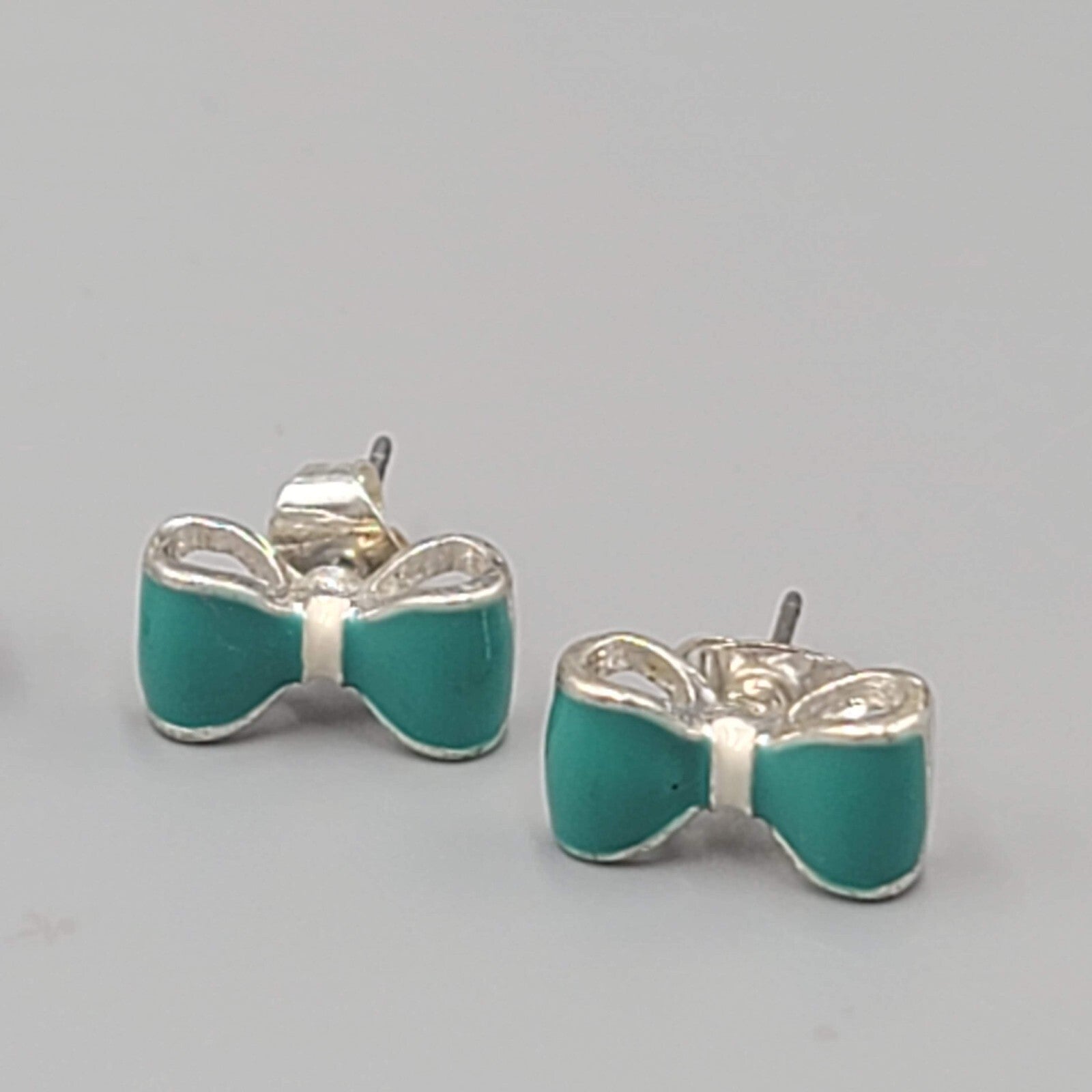 Bow Studs Pierced Earrings Blue Enamel Silver tone Lot of 2