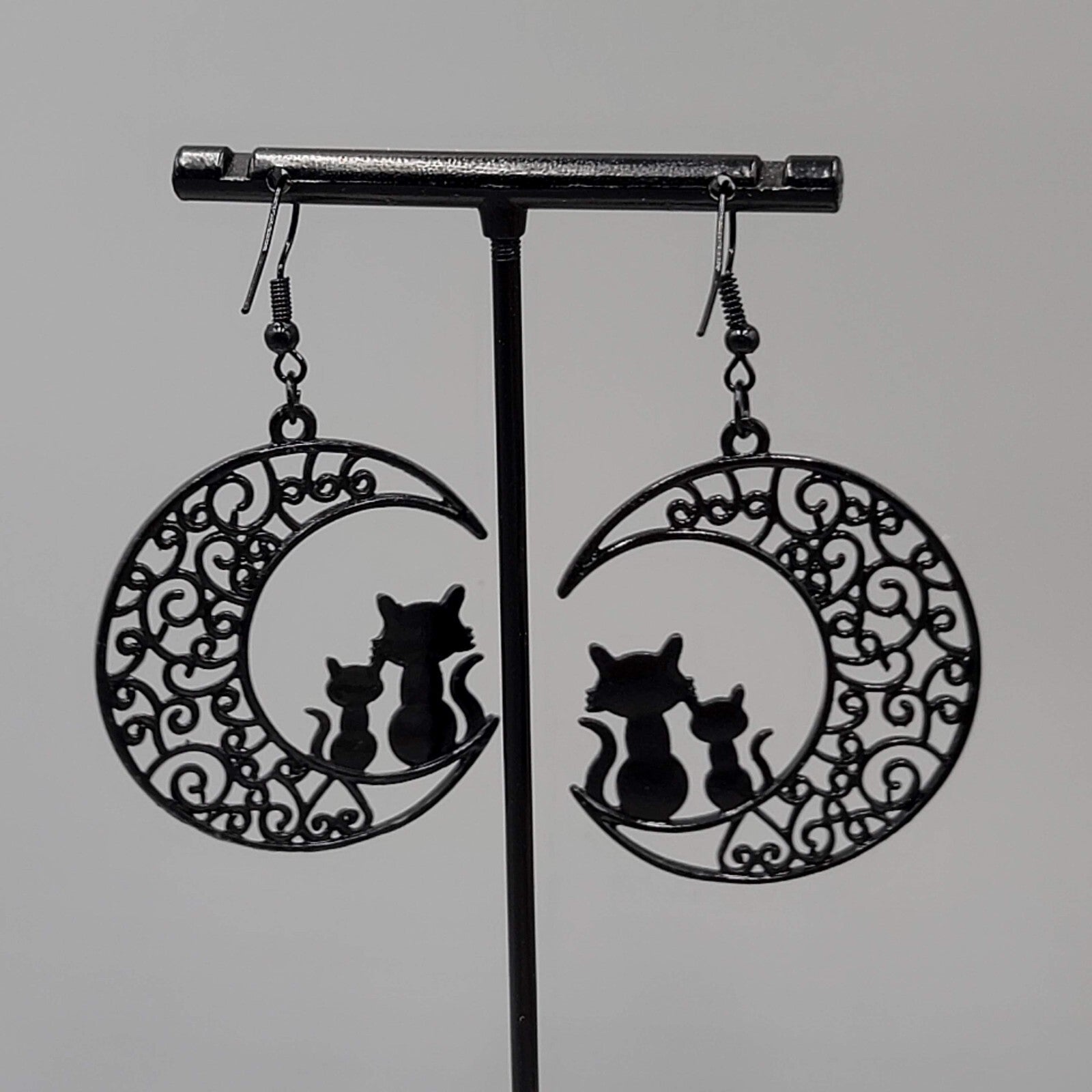 Cat Pierced Earrings Moon Black Enamel Silhouette Dangle 1 5/8"