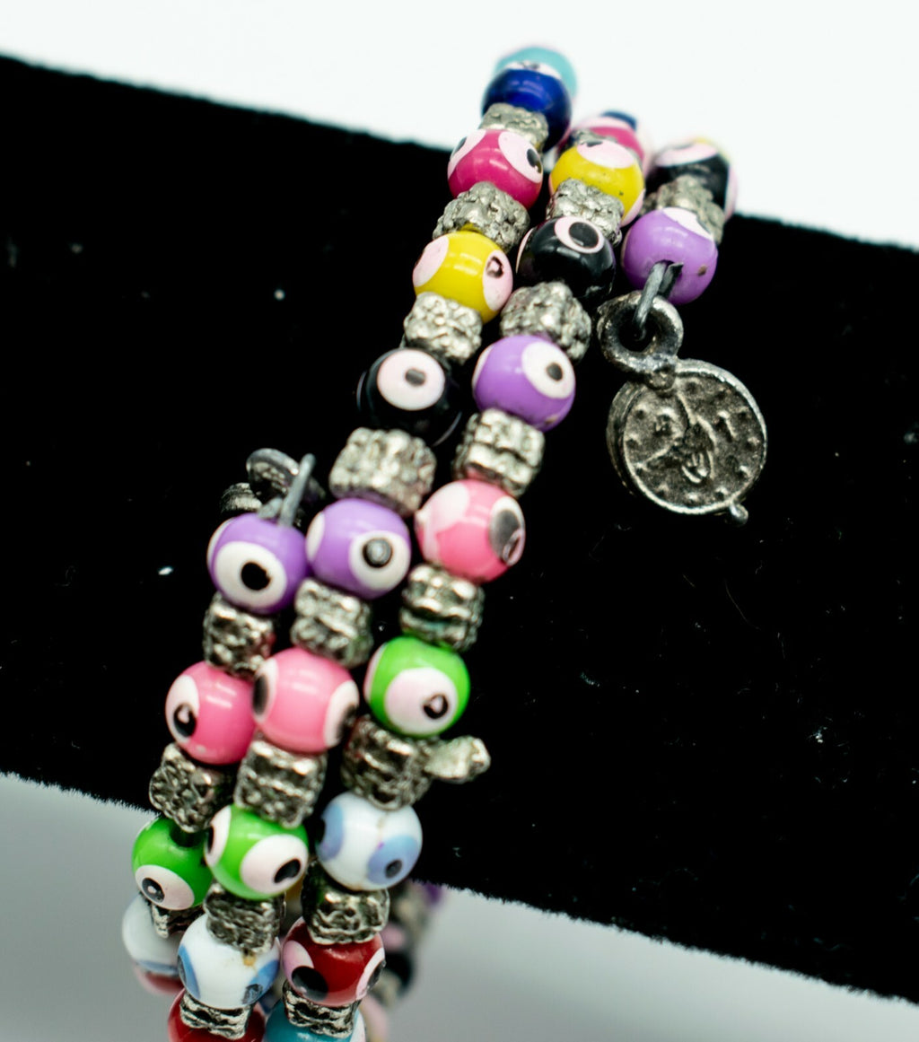 Evil Eye Bracelet Glass Bead Memory Wire Multi Color Silver tone