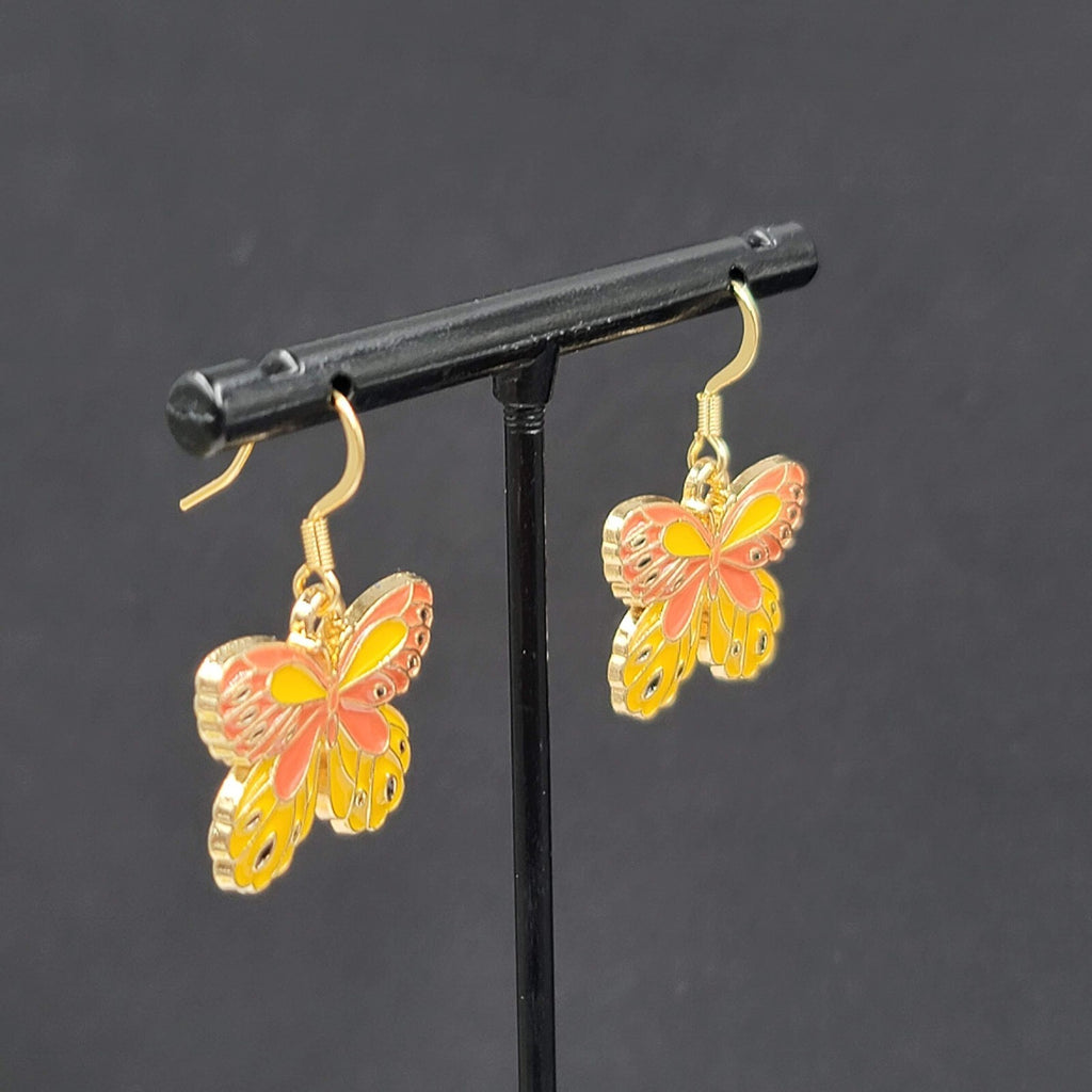 Yellow Moth Enamel Pierced Earrings Gold tone Dangle Butterfly 3/4"