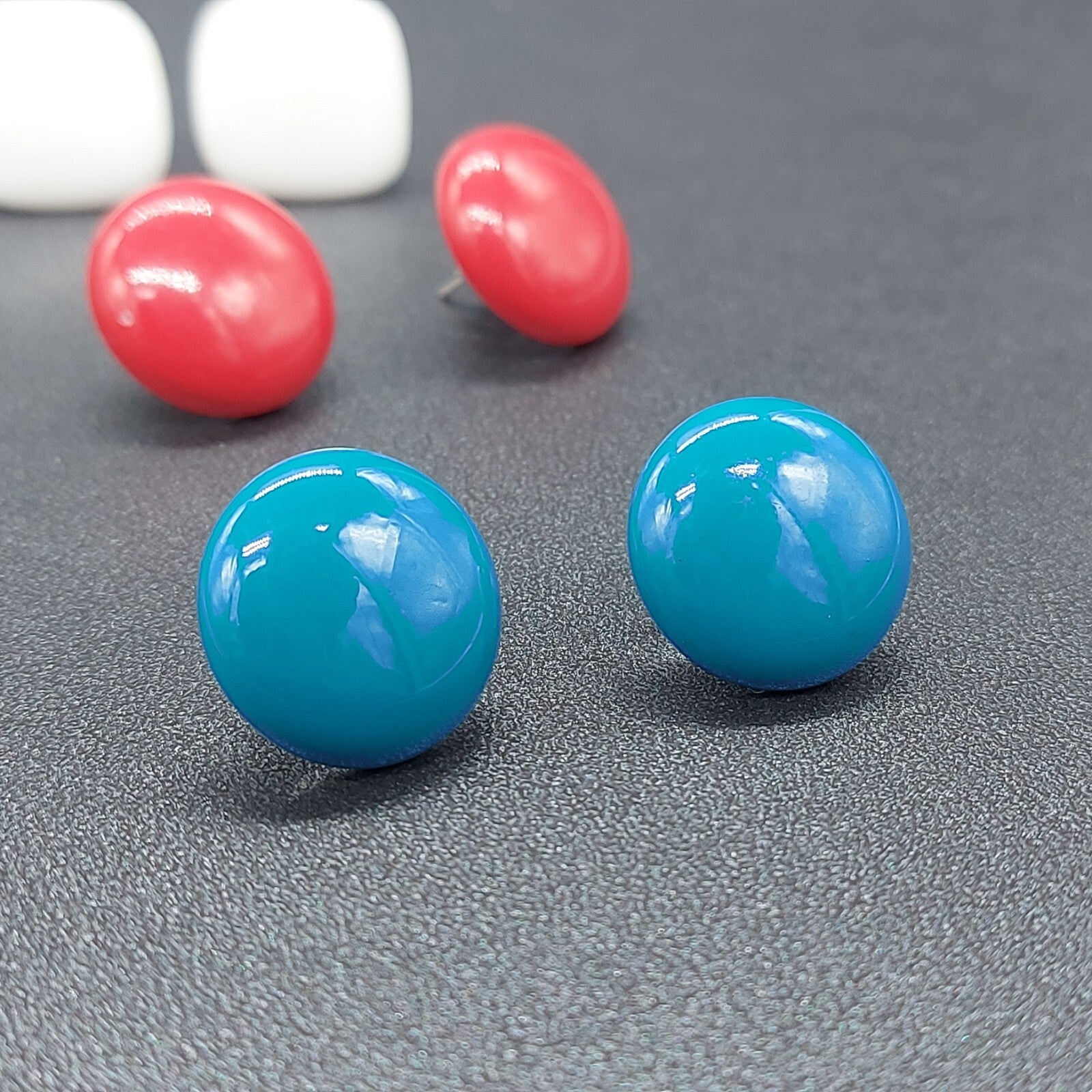 Vintage Lot of 3 Pierced Earrings Red White Blue Studs Square Circle 3/4"