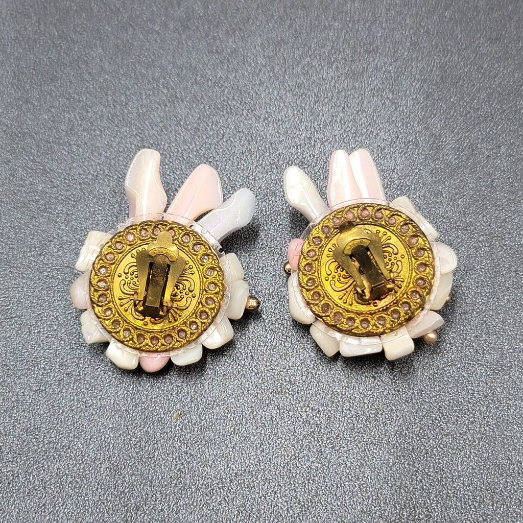 Vintage Clip on Earrings Large Statement Shell Climber Cluster Beads 1.75"