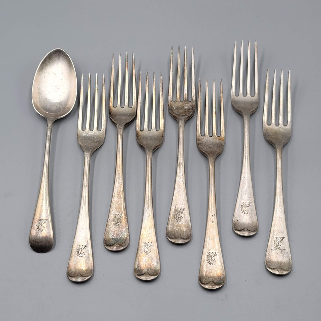 Antique James Dixon Silver plate 7 Forks Spoon Crest Monogram Heraldic Set