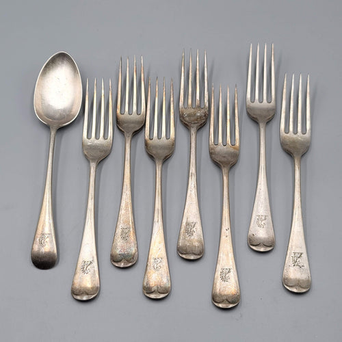 Antique James Dixon Silver plate 7 Forks Spoon Crest Monogram Heraldic Set