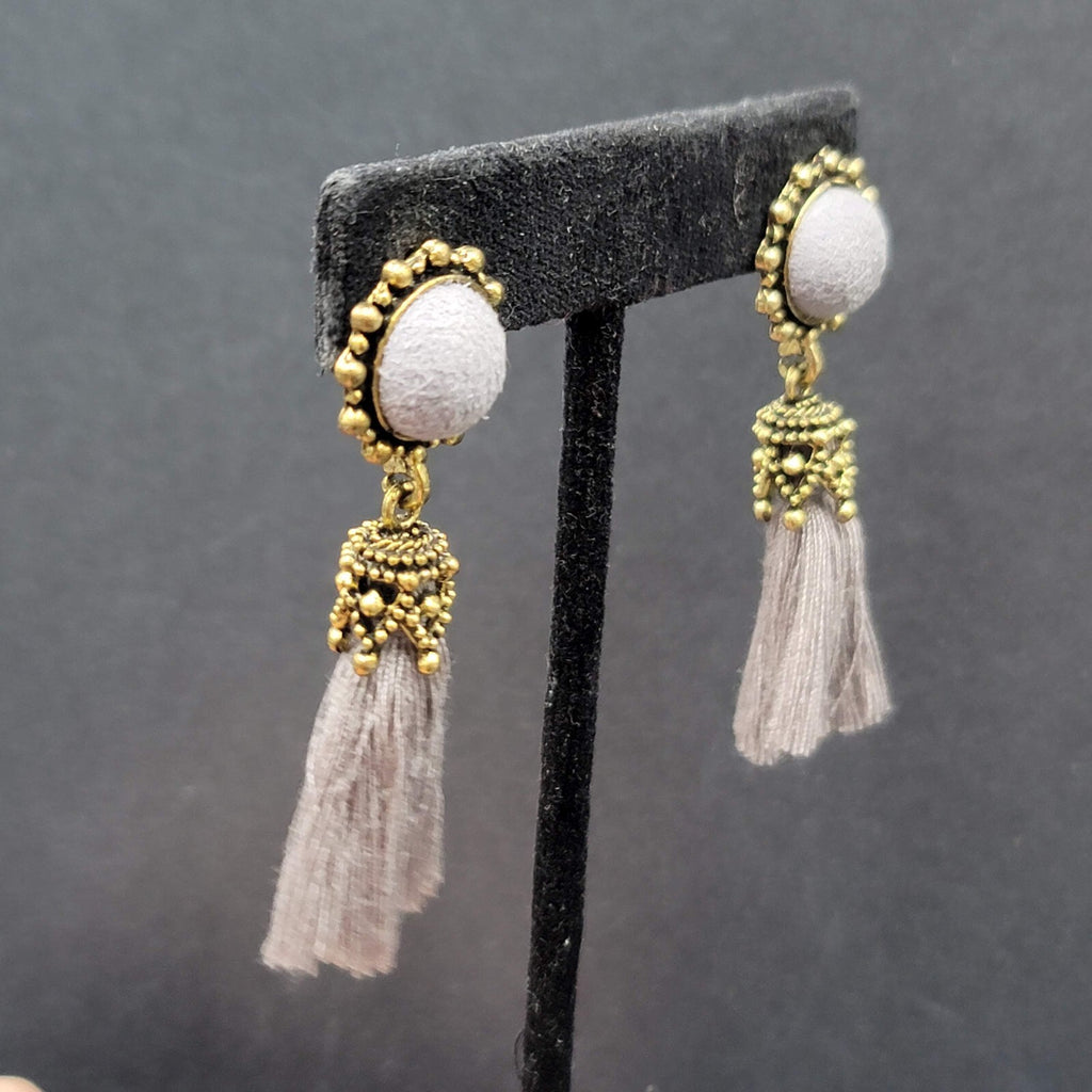 Boho Pierced Earrings Antiqued Gold tone Gray String Tassel 2"