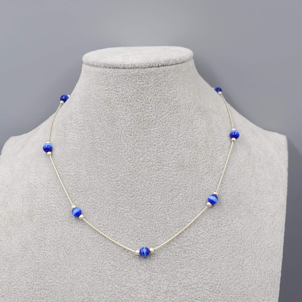 Royal Blue Cats Eye Station Sterling Silver Necklace 925 - 16"
