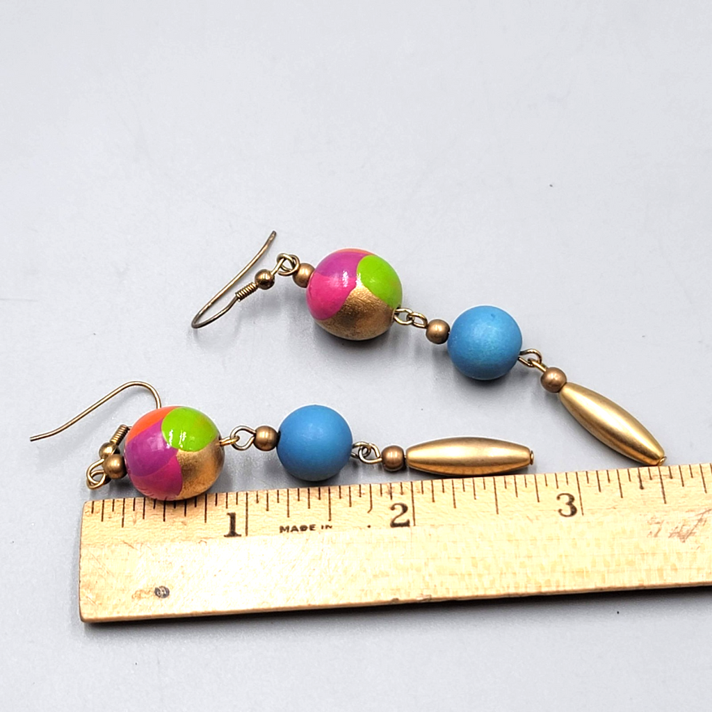 Long Pierced Earrings Hand Painted Bead Gold tone Dangle 2.75"