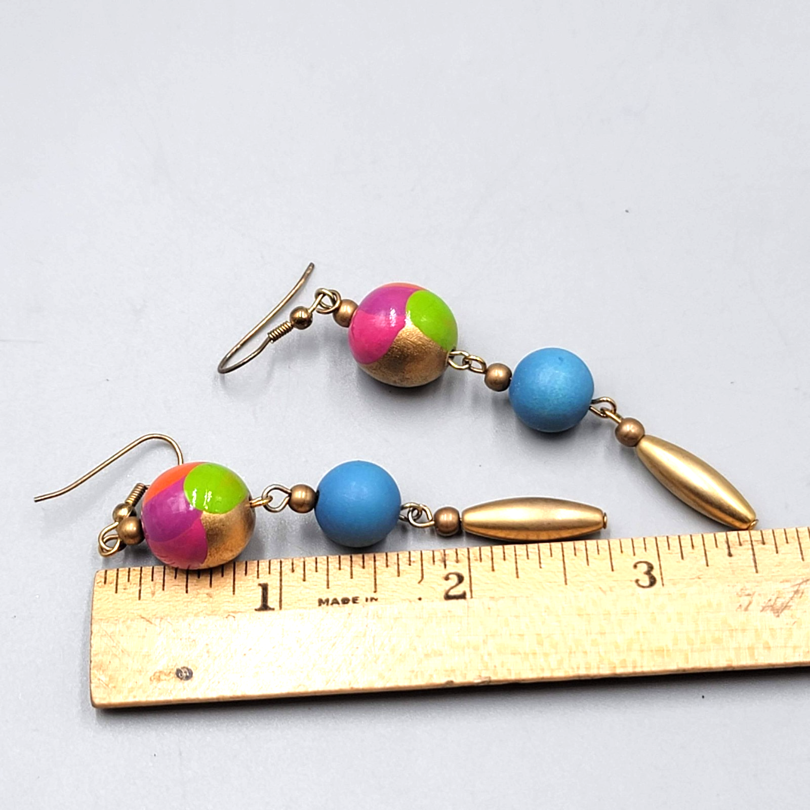 Long Pierced Earrings Hand Painted Bead Gold tone Dangle 2.75"