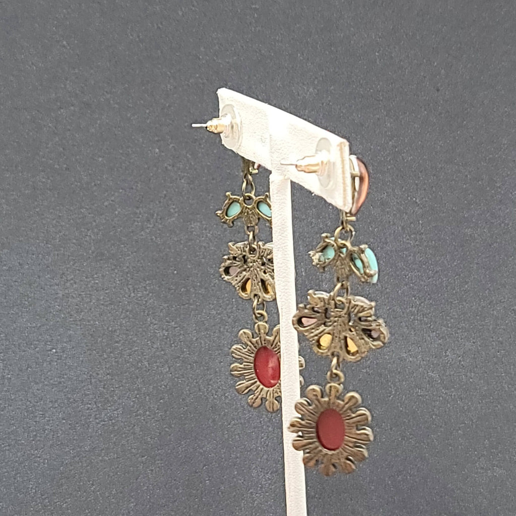 Pierced Earrings Bronze tone Multi Color Accents Rhinestone 2.75"