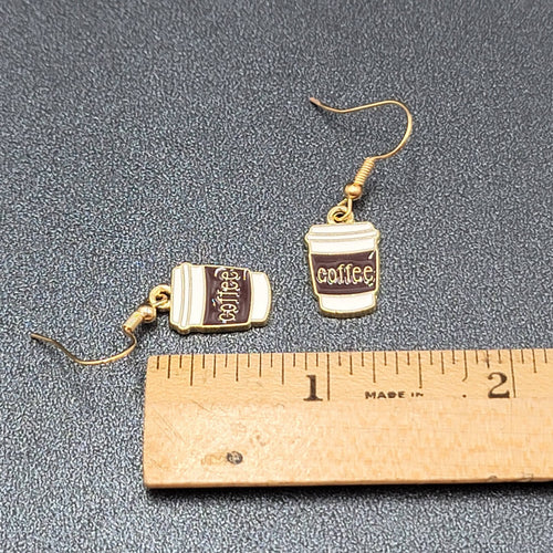 Coffee Pierced Earrings White Brown Enamel Gold tone Dangle New 5/8"