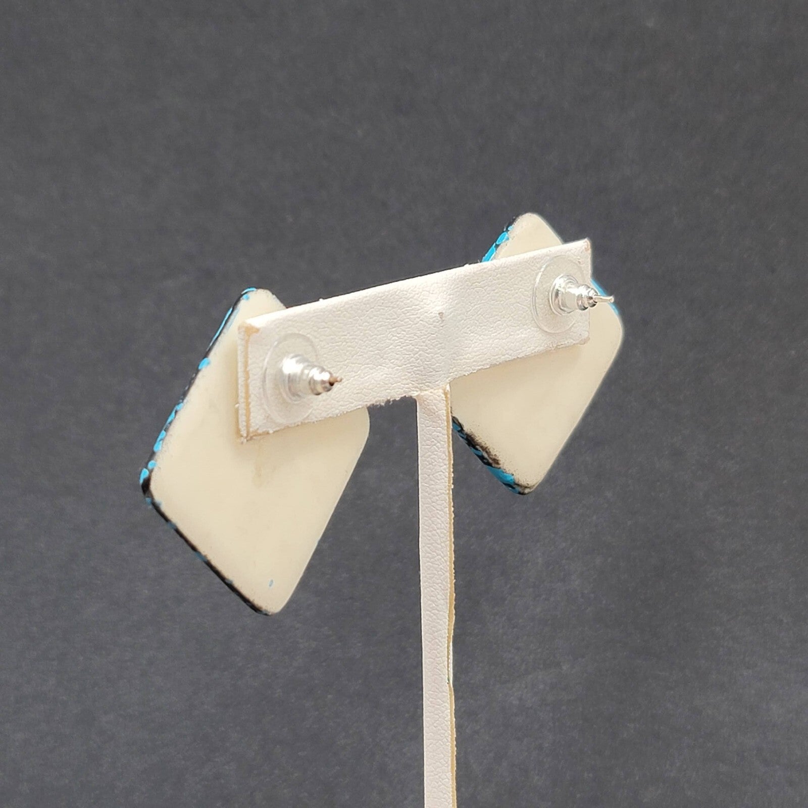Vintage Pierced Earrings Acrylic Black Blue Enamel Statement Square Drop 1 1/8"