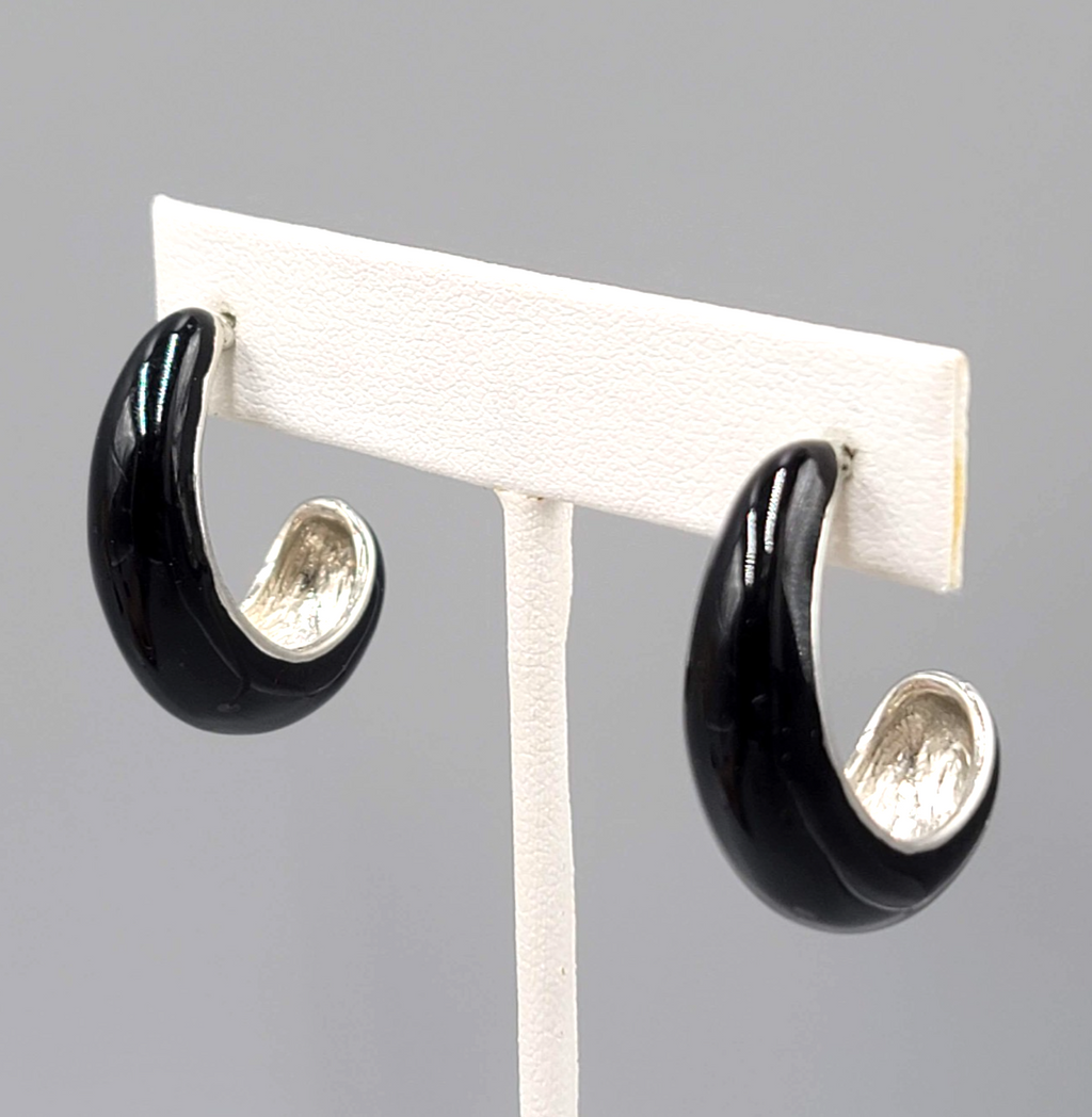Black Enamel Drop Hoops Pierced Earrings Silver tone 1.25 in