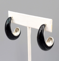 Black Enamel Drop Hoops Pierced Earrings Silver tone 1.25 in