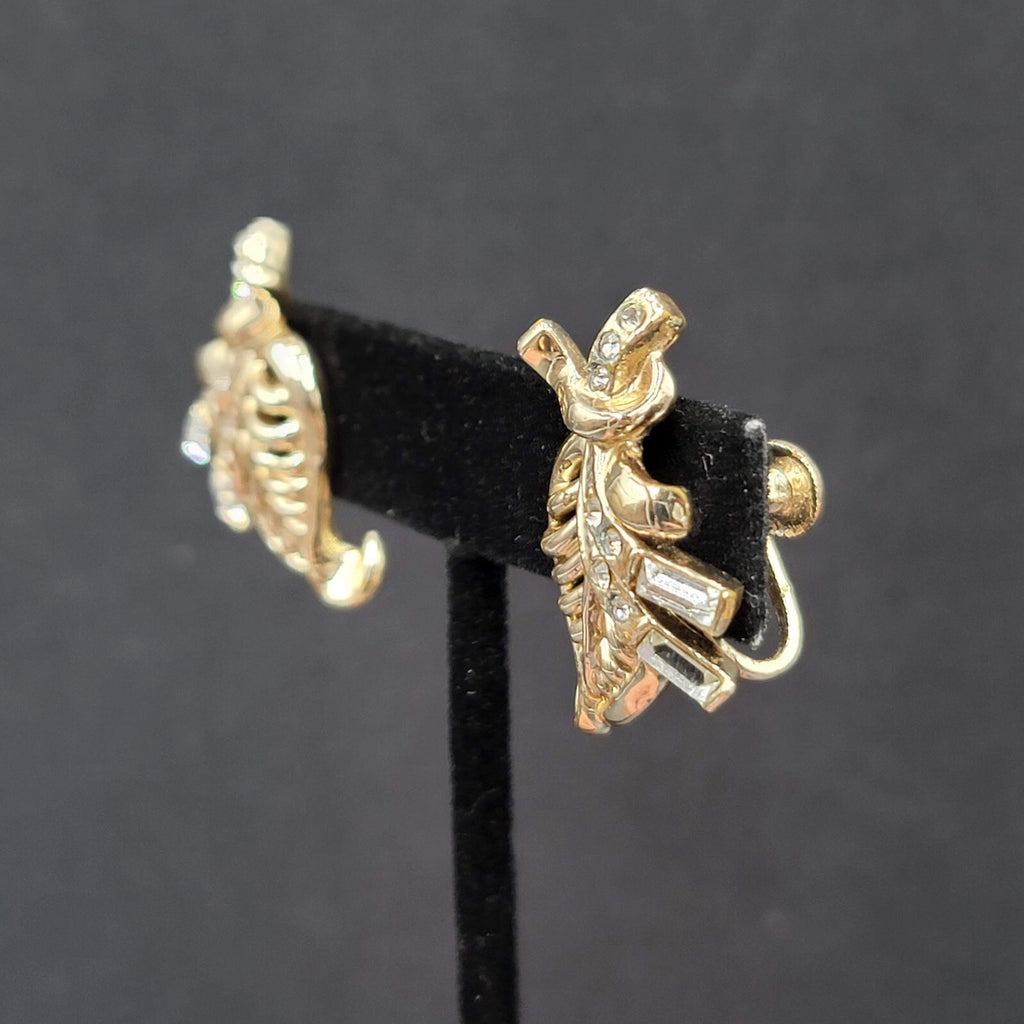 Vintage Clip on Earrings Gold tone Rhinestone Leaf Design Drop Screw Back 1.25"
