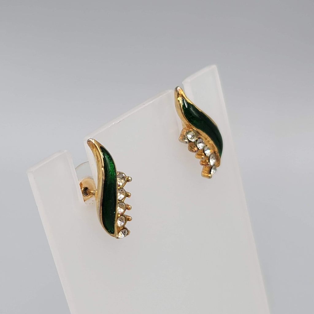 Vintage Green Enamel Pierced Earrings Cubic Zirconia Drop Minimalist 5/8 in