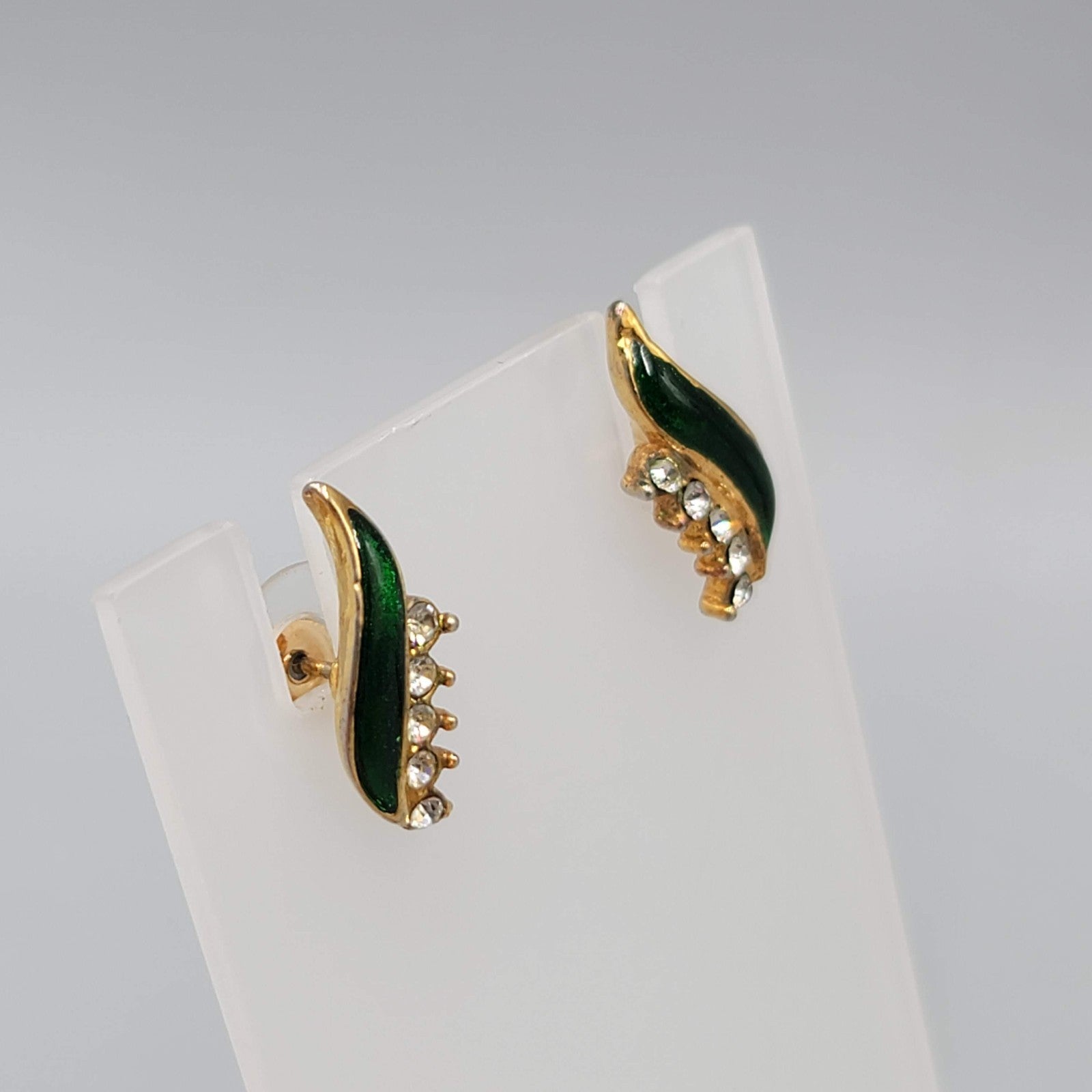 Vintage Green Enamel Pierced Earrings Cubic Zirconia Drop Minimalist 5/8 in