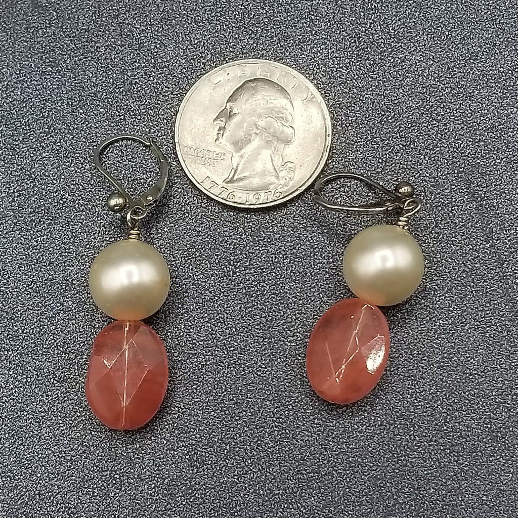 Pierced Earrings Silver tone Faux Pearl Faceted Quartz Beaded Dangle 1 1/4"